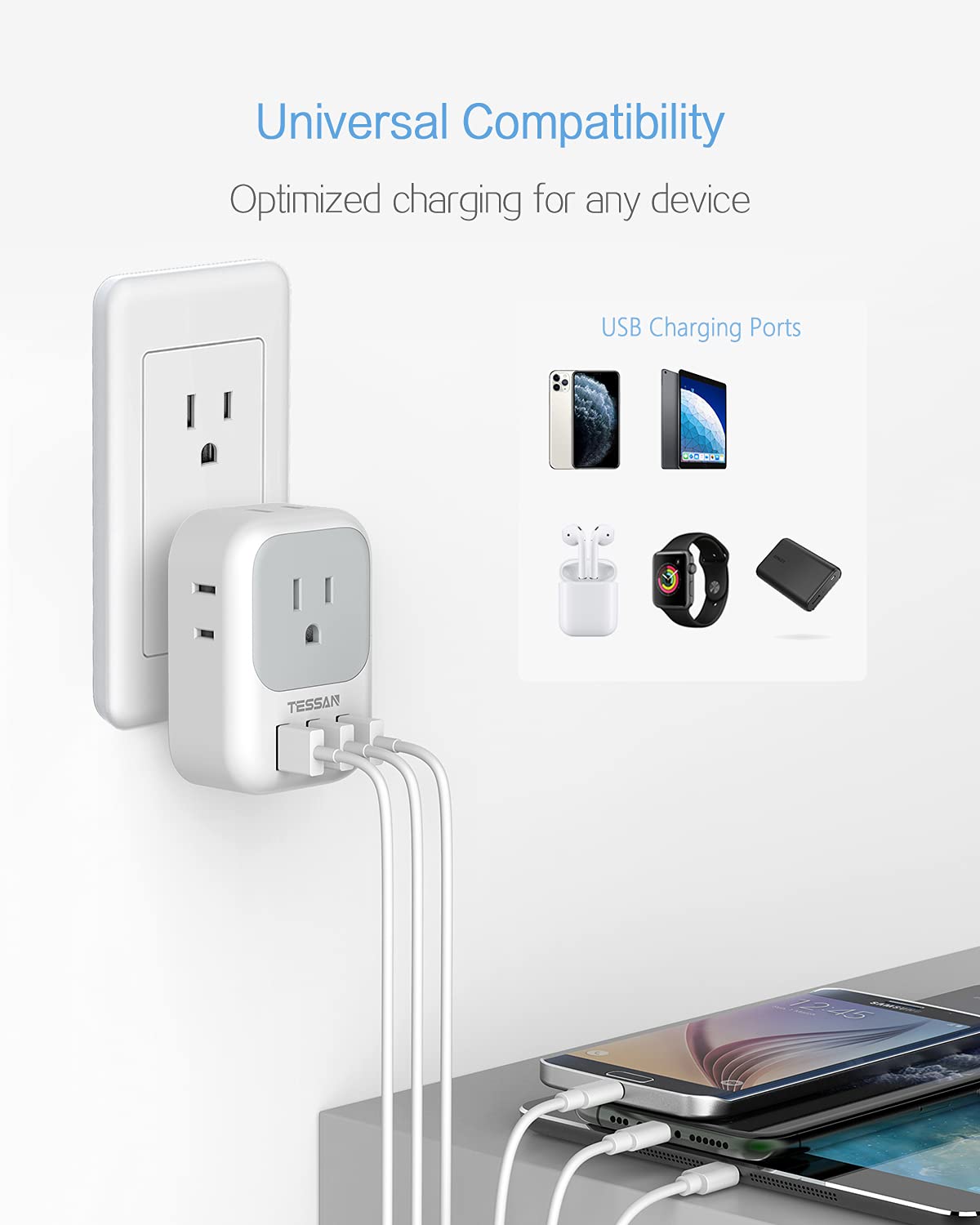 Multiple Plug Outlet Splitter With Usb Wall Charger, Tessan 4 Electrical Outlet Extender With 3 Usb Ports, Multi Power Outlet Ex