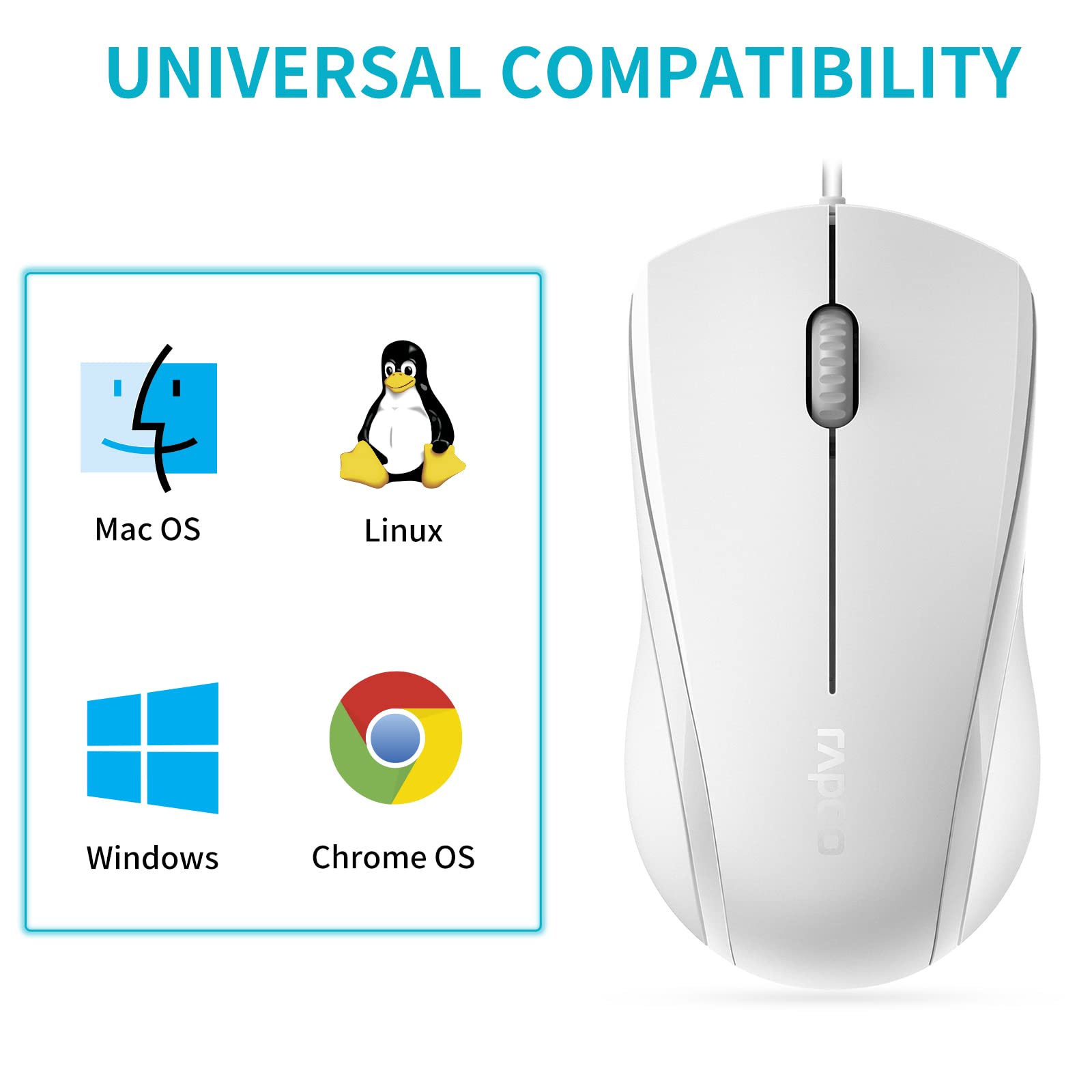 Rapoo N1600 3 Button Quiet Wired Mouse, 1000Dpi Optical Mouse, Quiet Button, Ergonomic Shape, For Desktop Computers Laptops, Mat