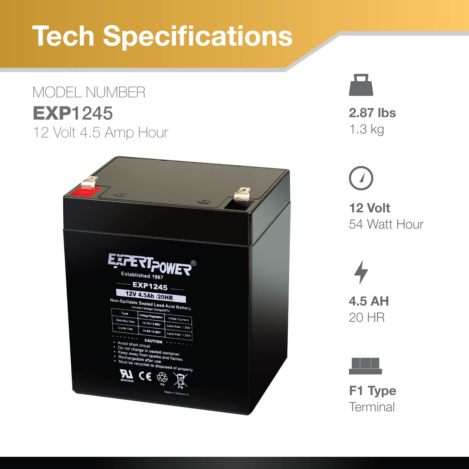 Expertpower Exp1245 12V 4.5 Amp Rechargeable Battery For Security Systems