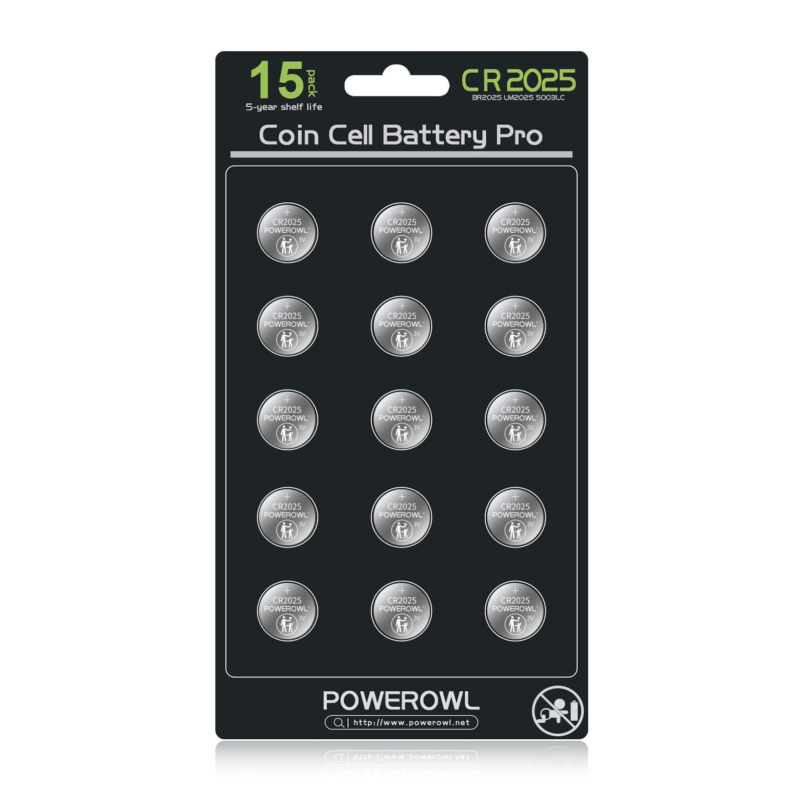 Powerowl High Capacity Cr2025 Battery (15 Pack) 2025 3V Lithium Batteries, 10 Years Leak Free