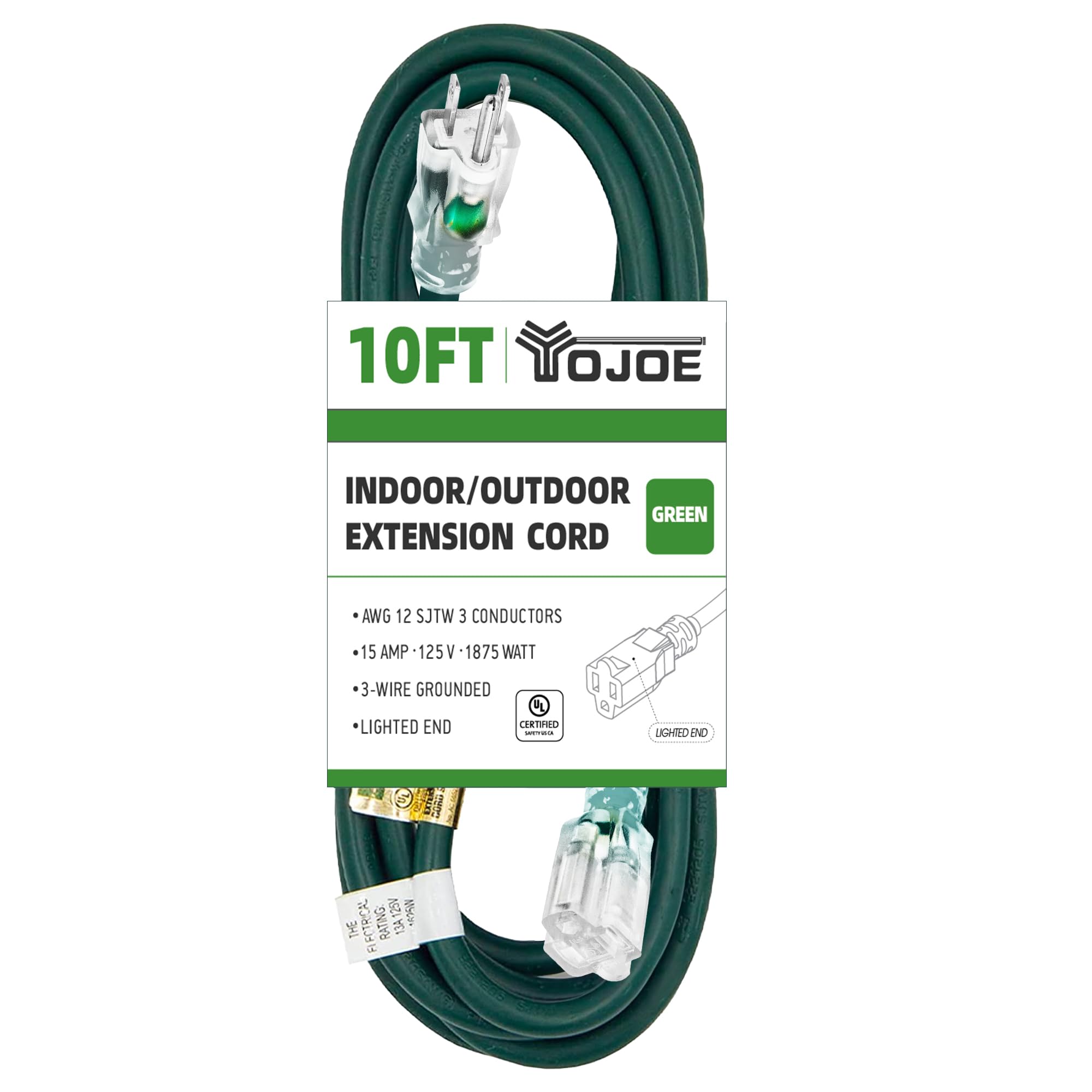 Yojoe Indoor Outdoor Extension Cord With Lighted End, 3 Prong 15A Weatherproof Power Extension Cord, 12 Gauge Heavy Duty 10 Ft G