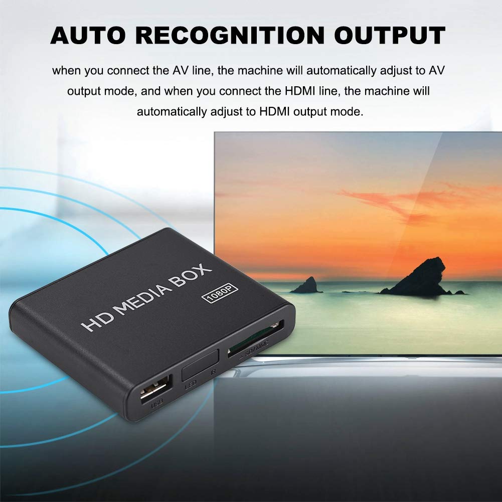 Socobeta 110-240V HDMI Media Player Mini 1080P Digital Player Box, USB MP3 MMC SD Support, Remote Control, Black