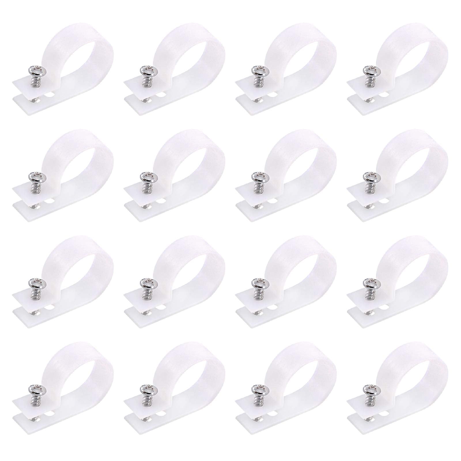 Swpeet 60 Pack White 1 Inch Nylon Plastic R Type Cable Clips Clamp Kit, Nylon Screw Mounting Cord Fastener Clips With 60 Pack Sc