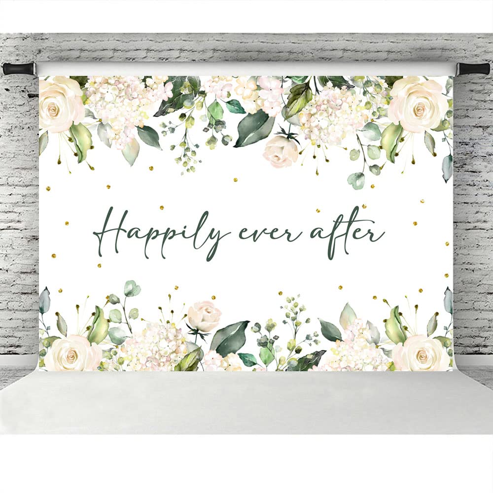 Lofaris Happily Ever After Backdrop For Wedding White Floral Green Leaves Gold Dots Photography Background Bridal Shower Wedding