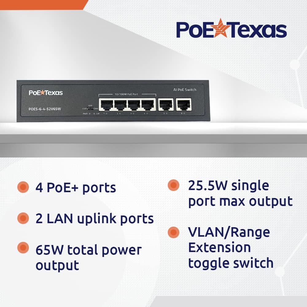 Poe Texas Poe Switch 4 Port   802.3Af/At Power Over Ethernet With 4 Poe+ Ports, 2 Lan Uplink, Vlan & Extender   65W High Speed U