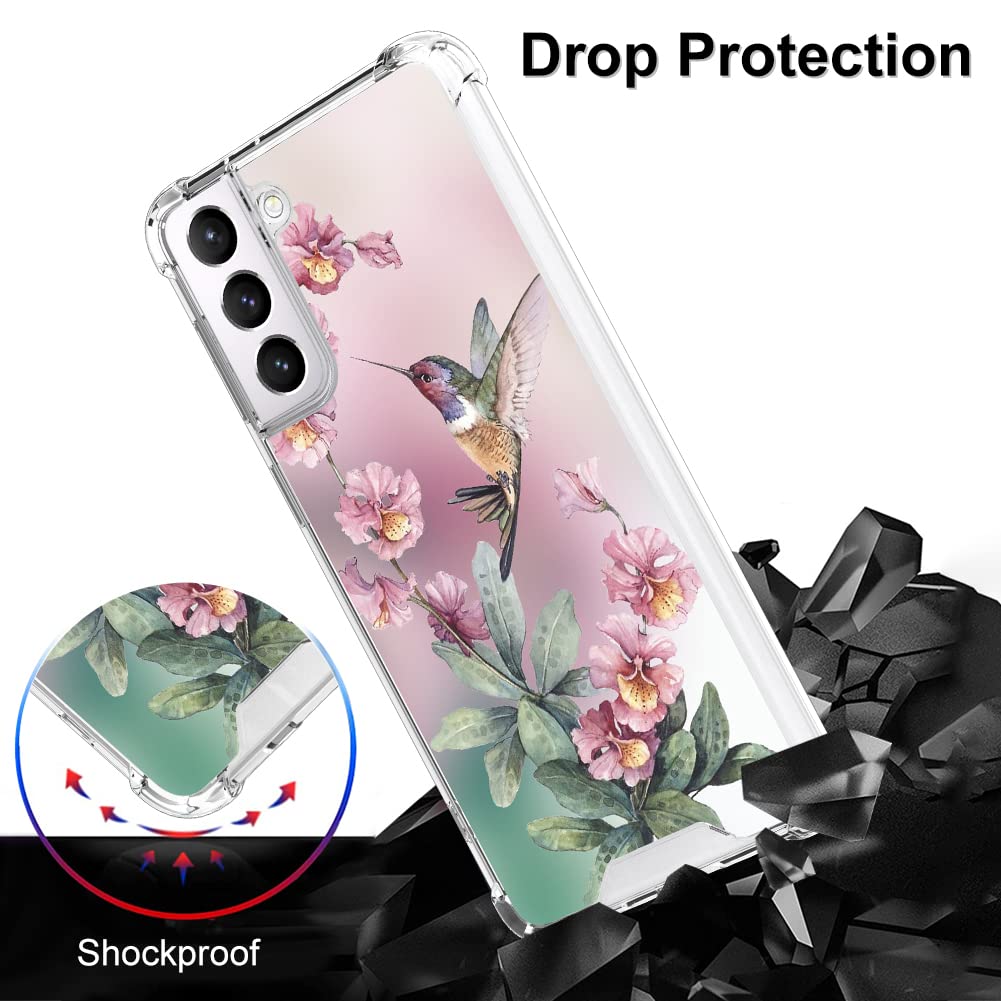 Ook Clear Case Compatible With Samsung Galaxy S21 Plus 5G, Pink Hummingbird Pattern Flexible Tpu Shockproof Anti Scratch Bumper