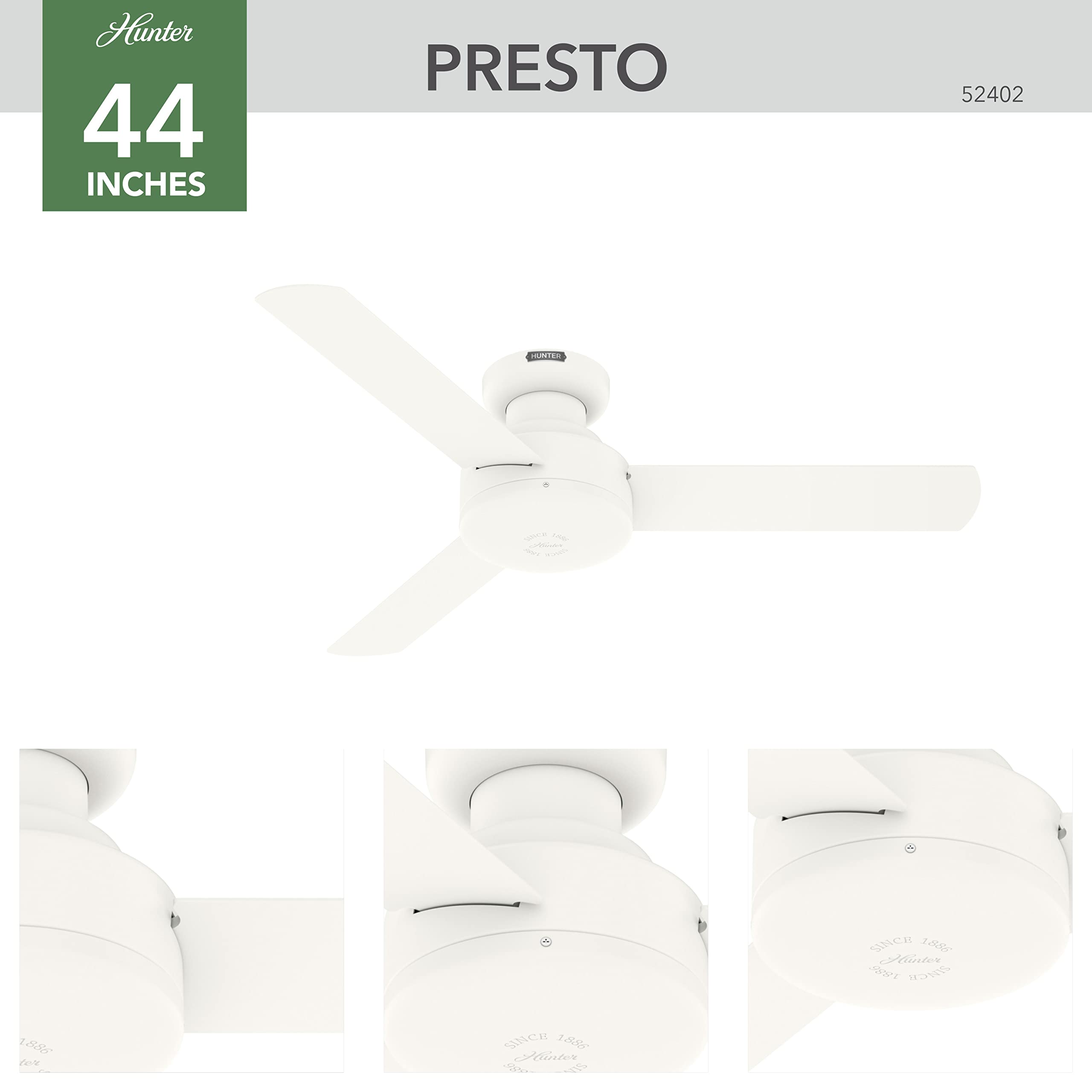 Hunter   Presto Indoor Low Profile Ceiling Fan, Wall Control, 44 Inch, Matte White, Casual Style, 3 Speed Whisperwind Motor, 524