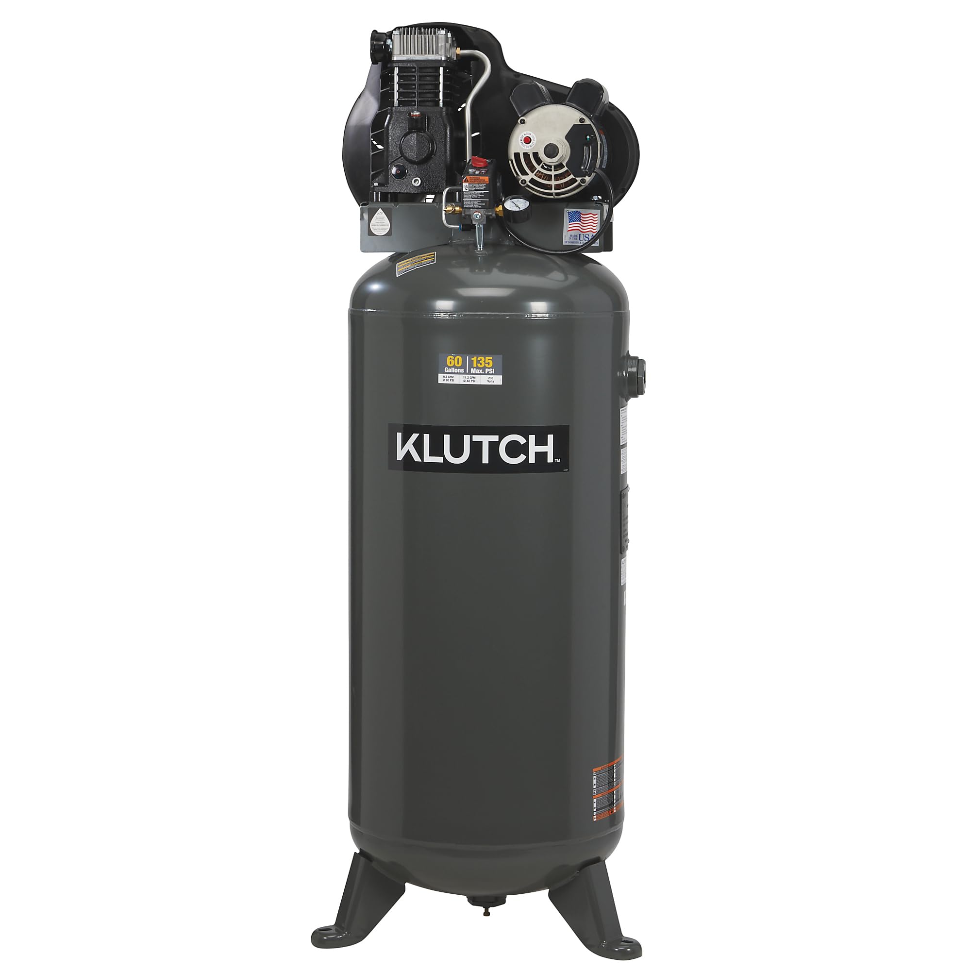 Klutch 60-Gallon Single-Stage Vertical Air Compressor, 3.7 HP, 230 Volts, Cast Iron Oil-Lubricated Pump