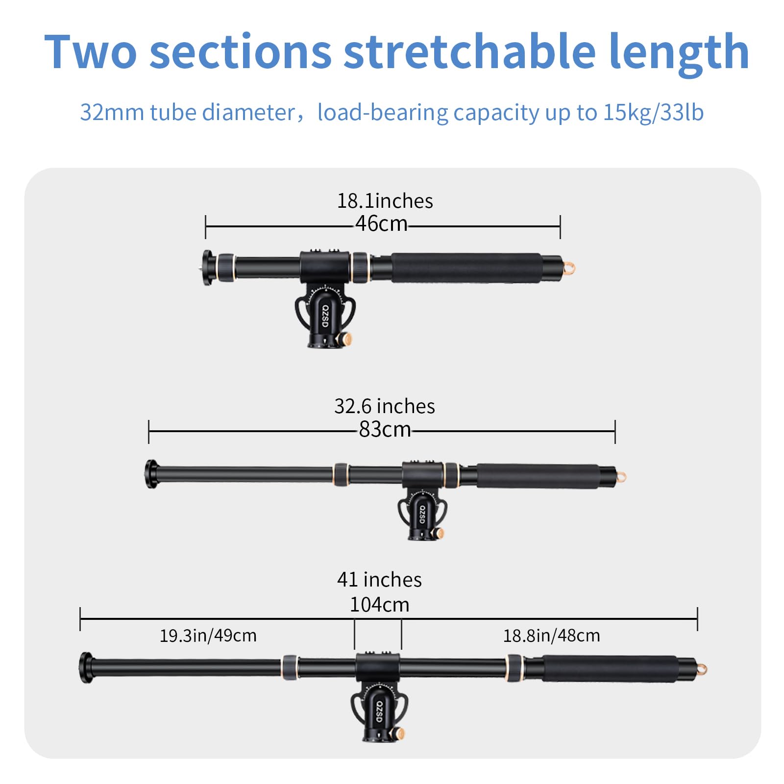 41'' Aluminum Tripod Extension Arm Retractable Horizontal Center Column Arm With 1/4'' And 3/8'' Scerws, 360 Rotatable For Overh