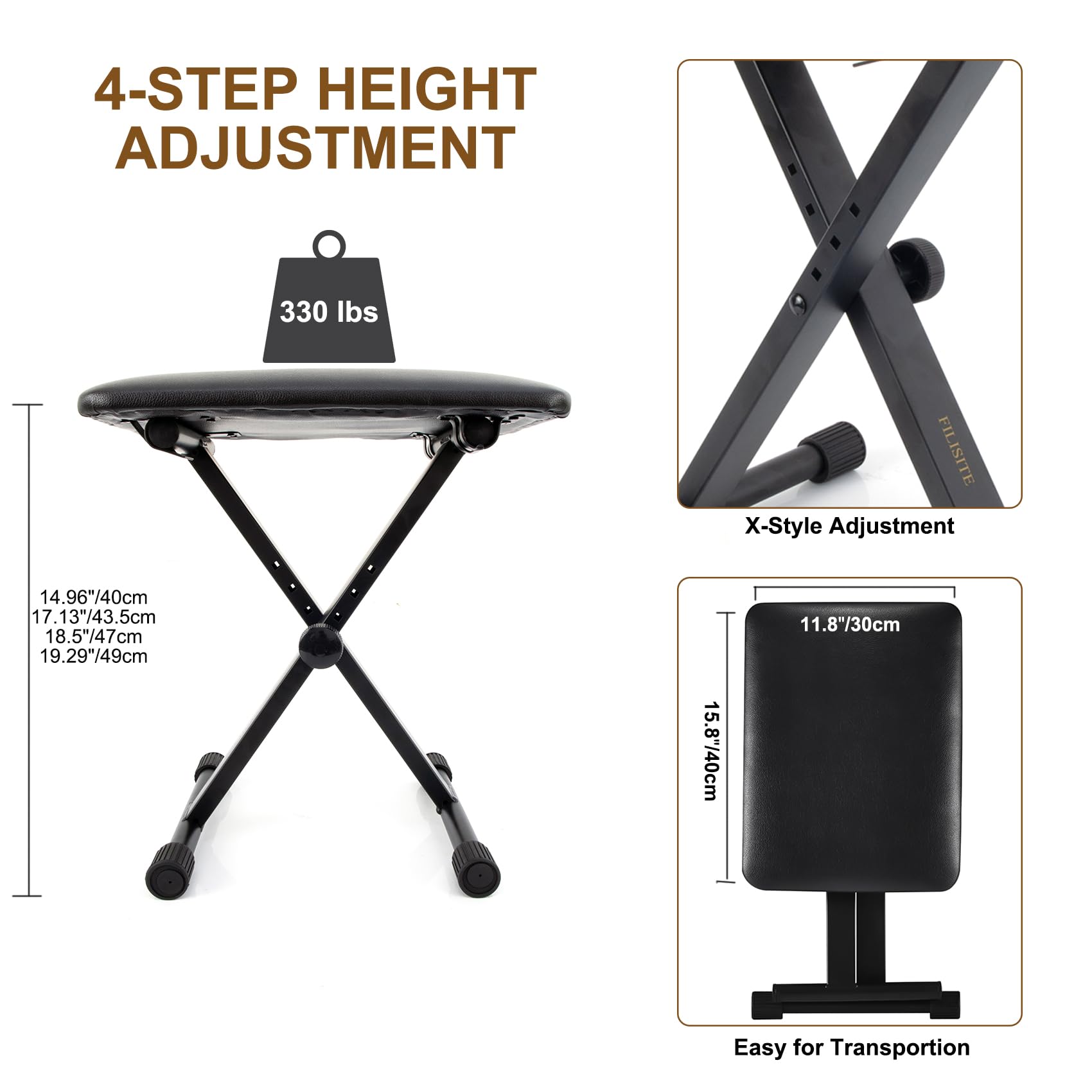 Filisite Keyboard Bench X-Style Height Adjustable Padded Cushion Foldable Stool Portable Seat Keyboard Chair For Keyboards Piano