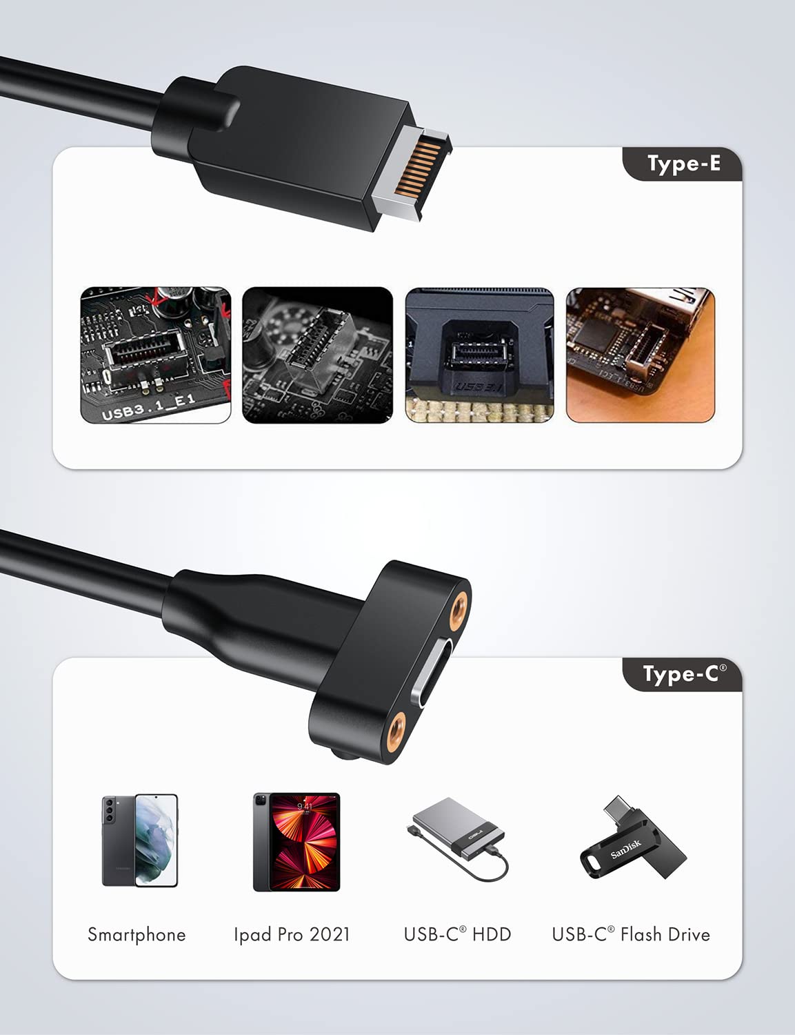 GRAUGEAR 20Gbps USB 3.2 Gen 2x2 USB-C Front Panel Adapter Motherboard Extension Cable Type-E Key-A 20-Pin with PCIe Bracket Metal Silver 23.6 in