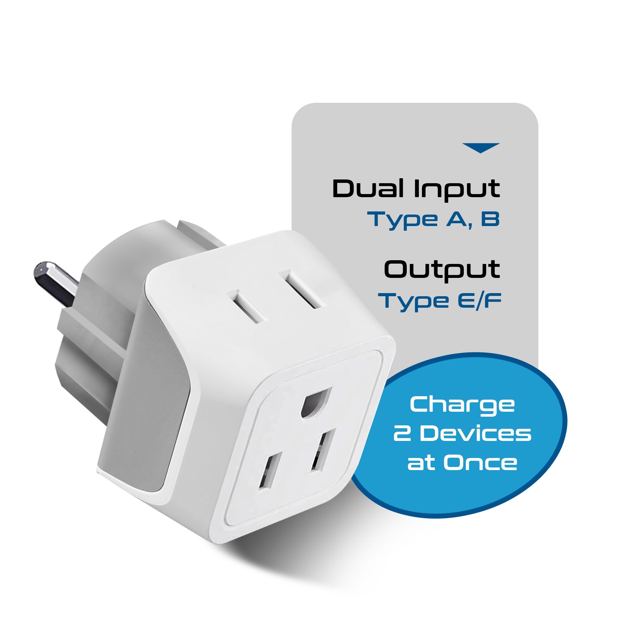 Ceptics Schuko Germany, France Plug Adapter, Dual Input - Ultra Compact Light Weight - Usa To Russia, South Korea Travel Adaptor