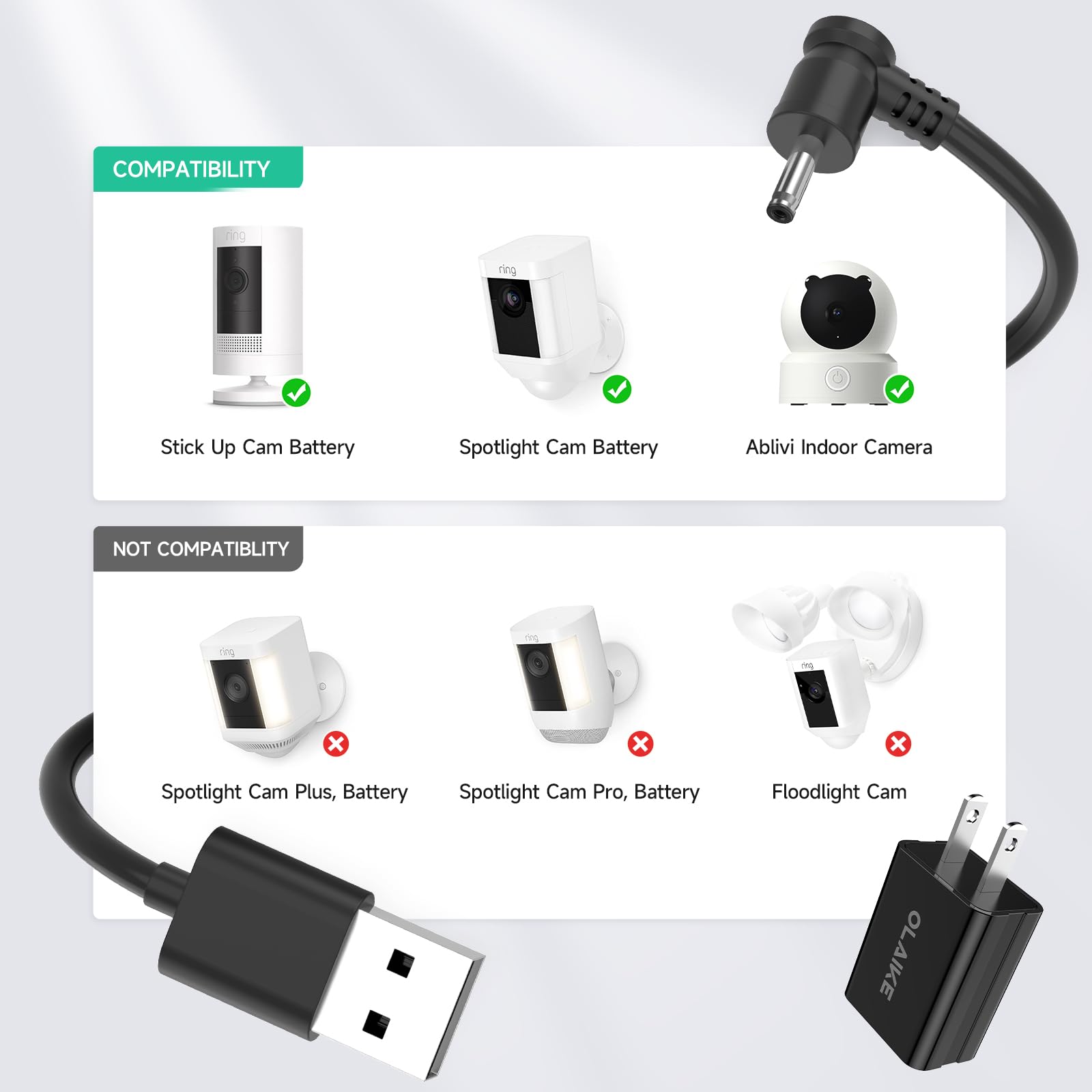 Olaike 8M/26Ft Indoor/Outdoor Power Adapter For Ring Stick Up Cam Battery/Plug In, Ring Spotlight Cam Battery, Weatherproof Cabl