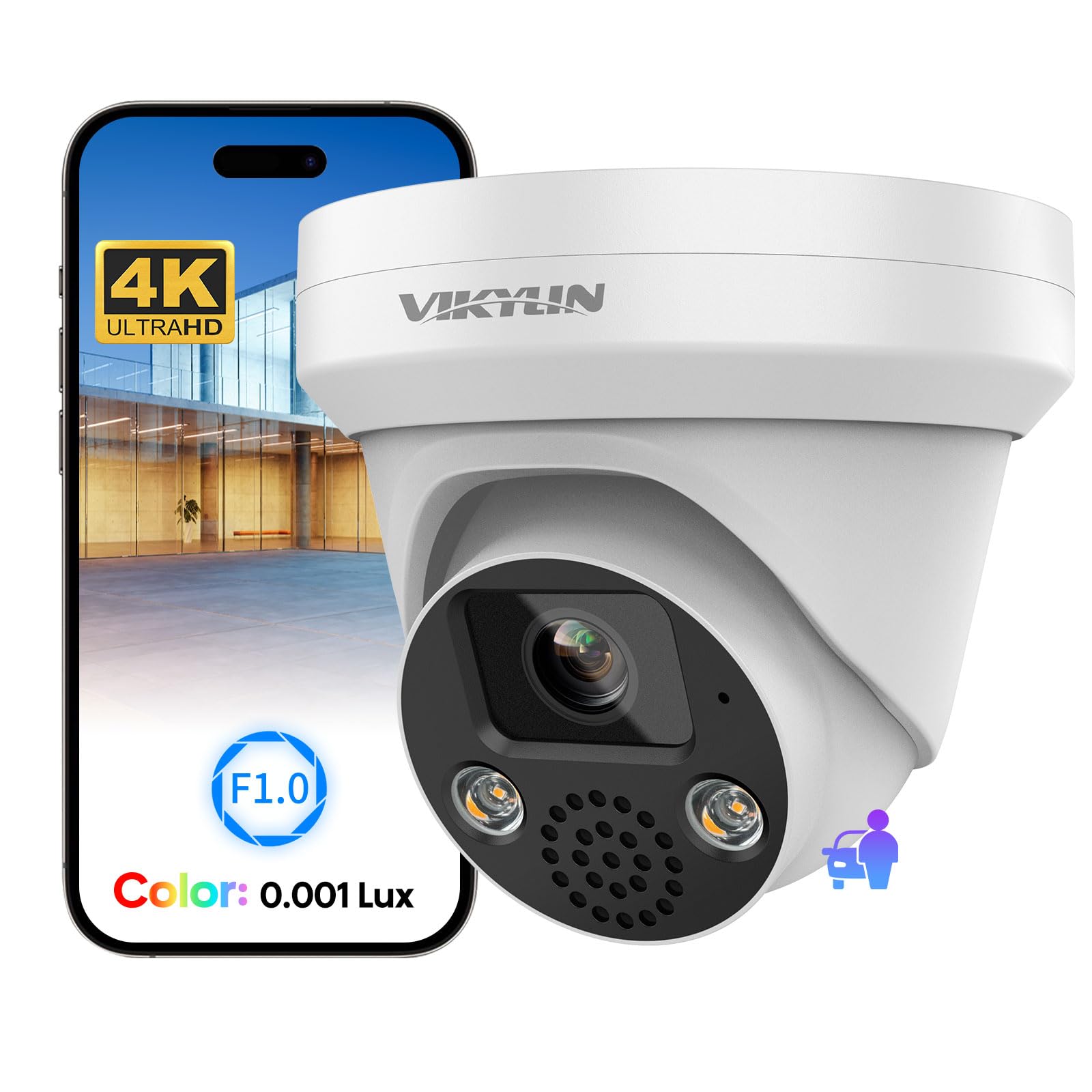 VIKYLIN 4K 8MP PoE IP AI Security Camera,98ft Full Color Night Vision,F1.0 Super-Aperture Lens,2-Way Audio,SD(512GB), Human/Vehi