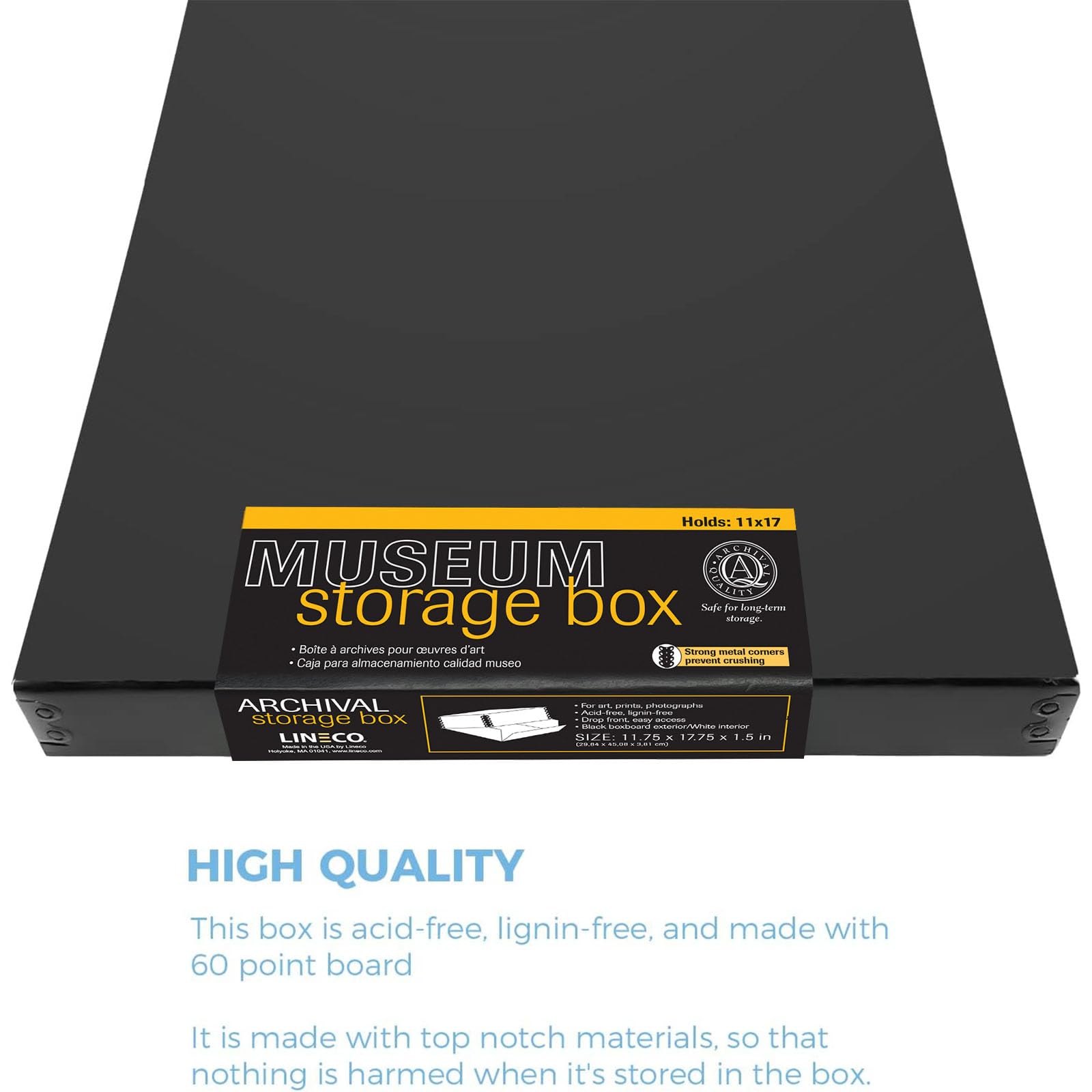 Lineco 11X17X1.5 Archival Storage Box, Removable Lid And Drop Front Design, Acid Free With Metal Edge. Preserve Longevity, Store Photos, Documents, Cards, Magazines, Prints, Diy. Black, Pack Of 2