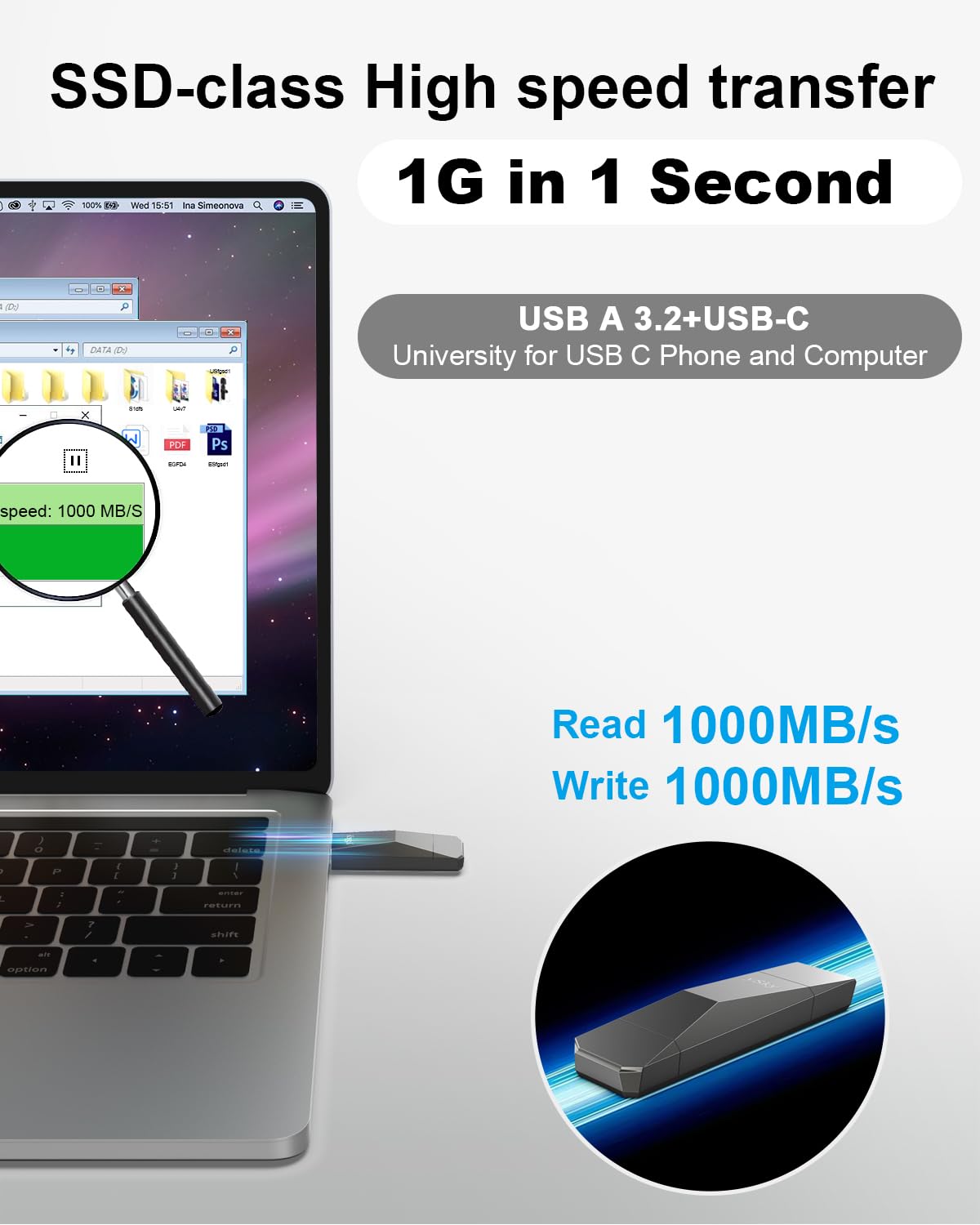 Ysky 256Gb Usb 3.2 Solid State Flash Drive 1000Mb/S High Speed Usb C+ Usb 3.2 Gen2 Dual Interfaces Thumb Drive, Usb C Memory Pho