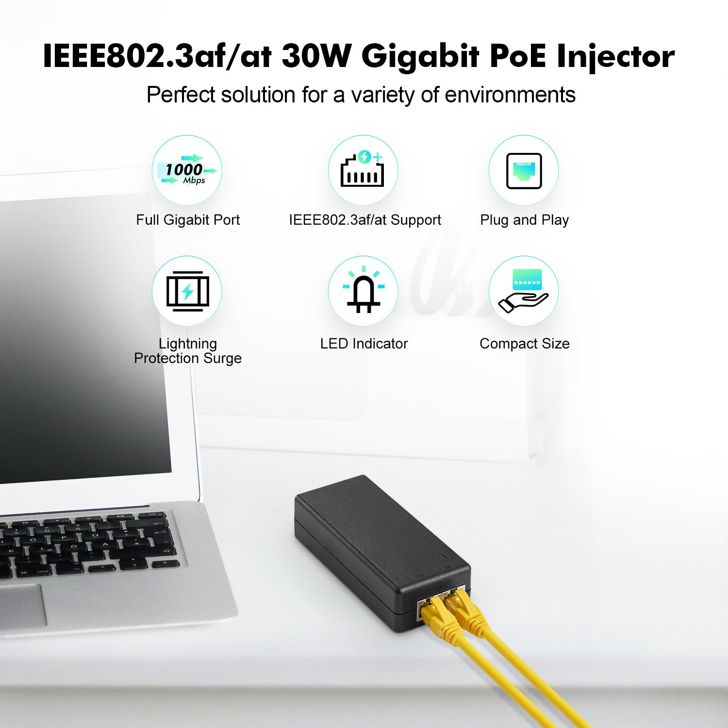 Yulinca Gigabit Poe Injector 30W, 802.3Af/At Power Over Ethernet Poe Adapter, 10/100/1000Mbps, Non Poe To Poe Adapter, Plug & Pl