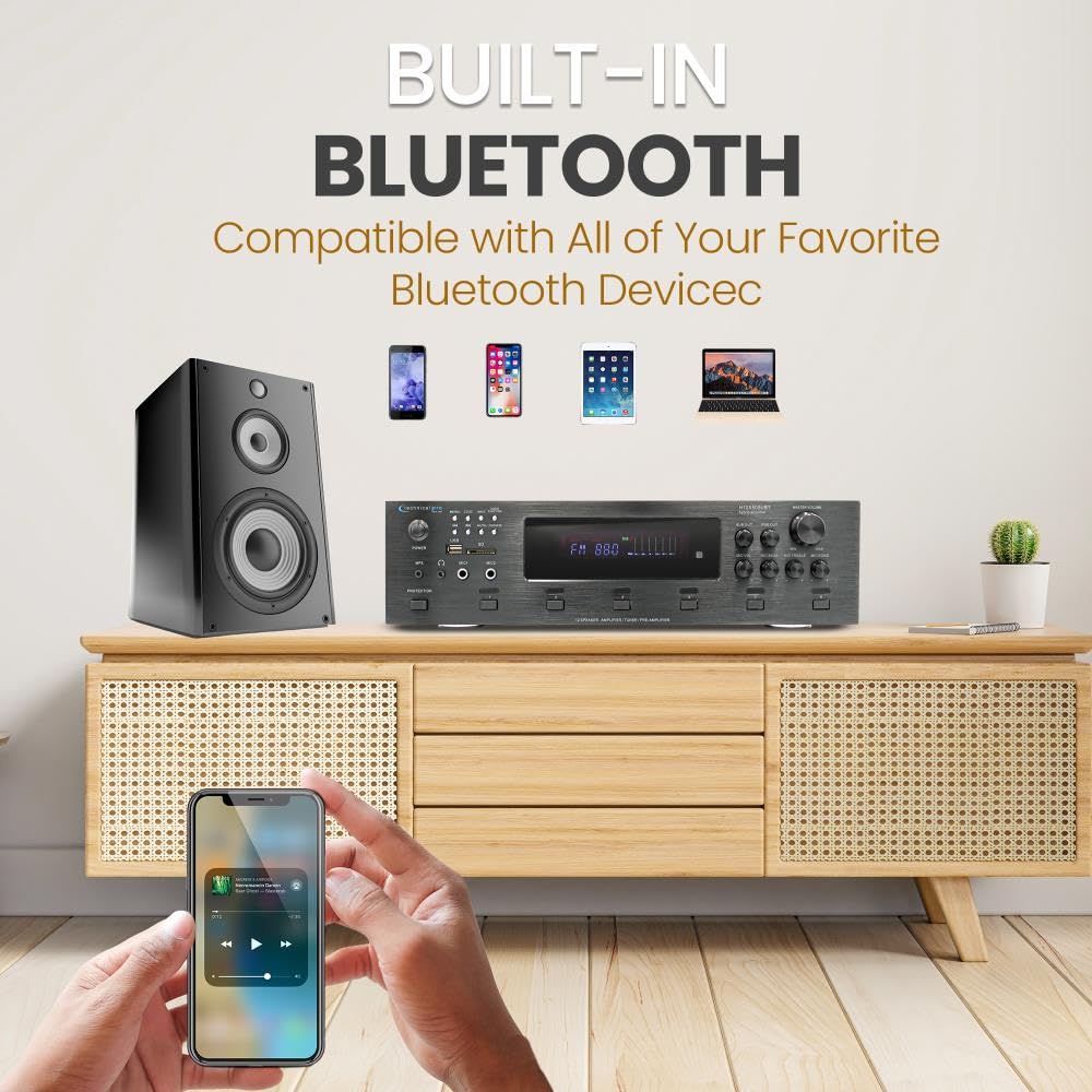 Technical Pro 6000 Watts 6 Zone Digital Bluetooth Hybrid Amplifier Preamp Tuner W/Speaker Usb, Sd Card Output, 2 Mic Inputs, Bass & Treble Controls, Cooling Speed Fan & Lcd Display