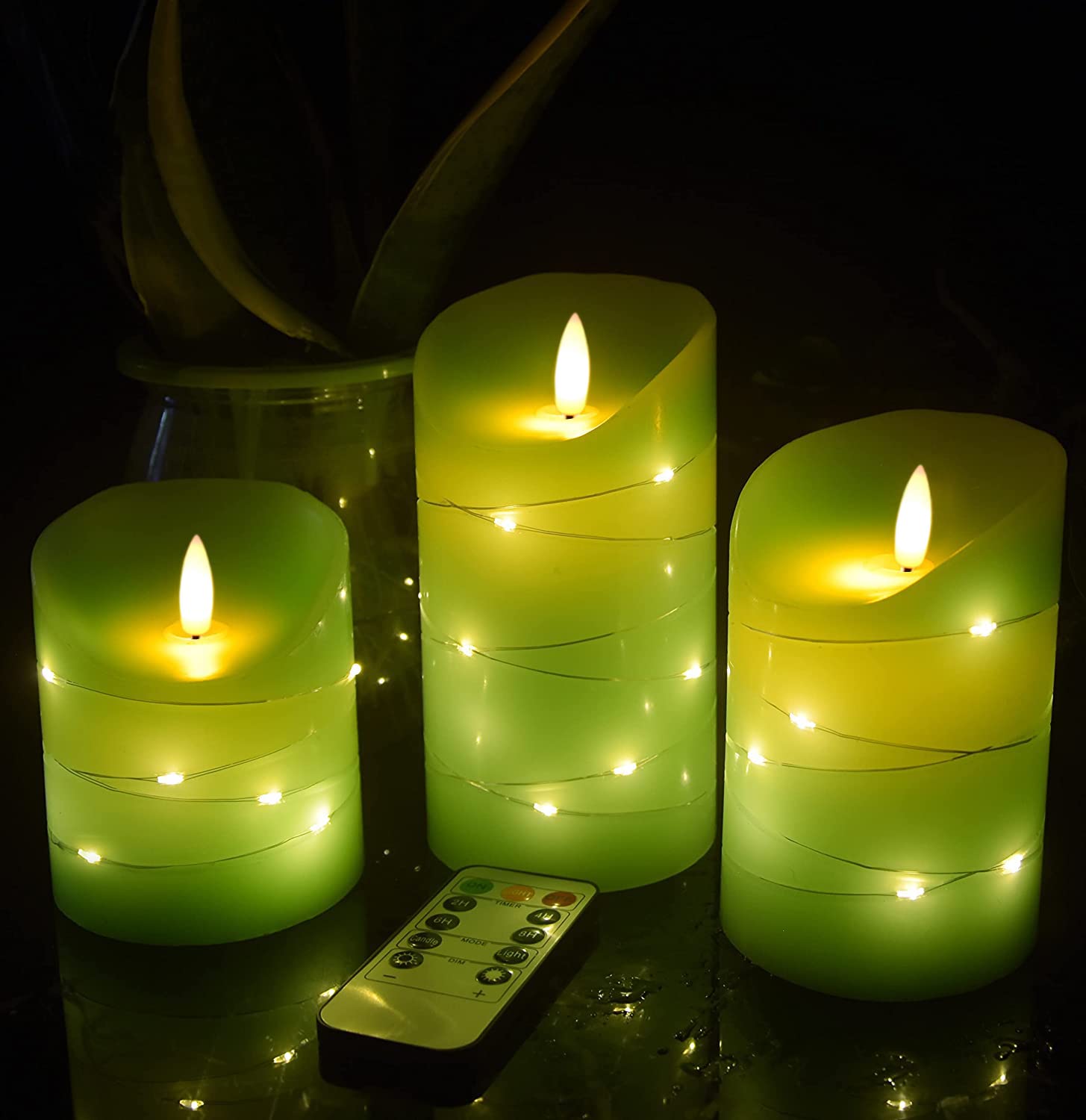 DANIP Green LED flameless Candle with Embedded Star String, 3-Piece Set of LED Candles, with 11 Button Remote Control, 24-Hour T