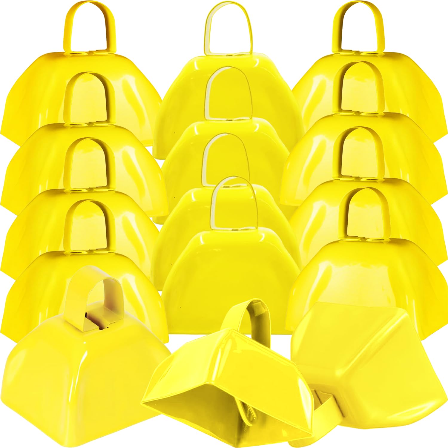 15 Pack 3 Inch Metal Cowbell Noisemaker Cheering Bell Yellow Cowbells for Sporting Events Bulk Loud Cow Bell with Handles, Small