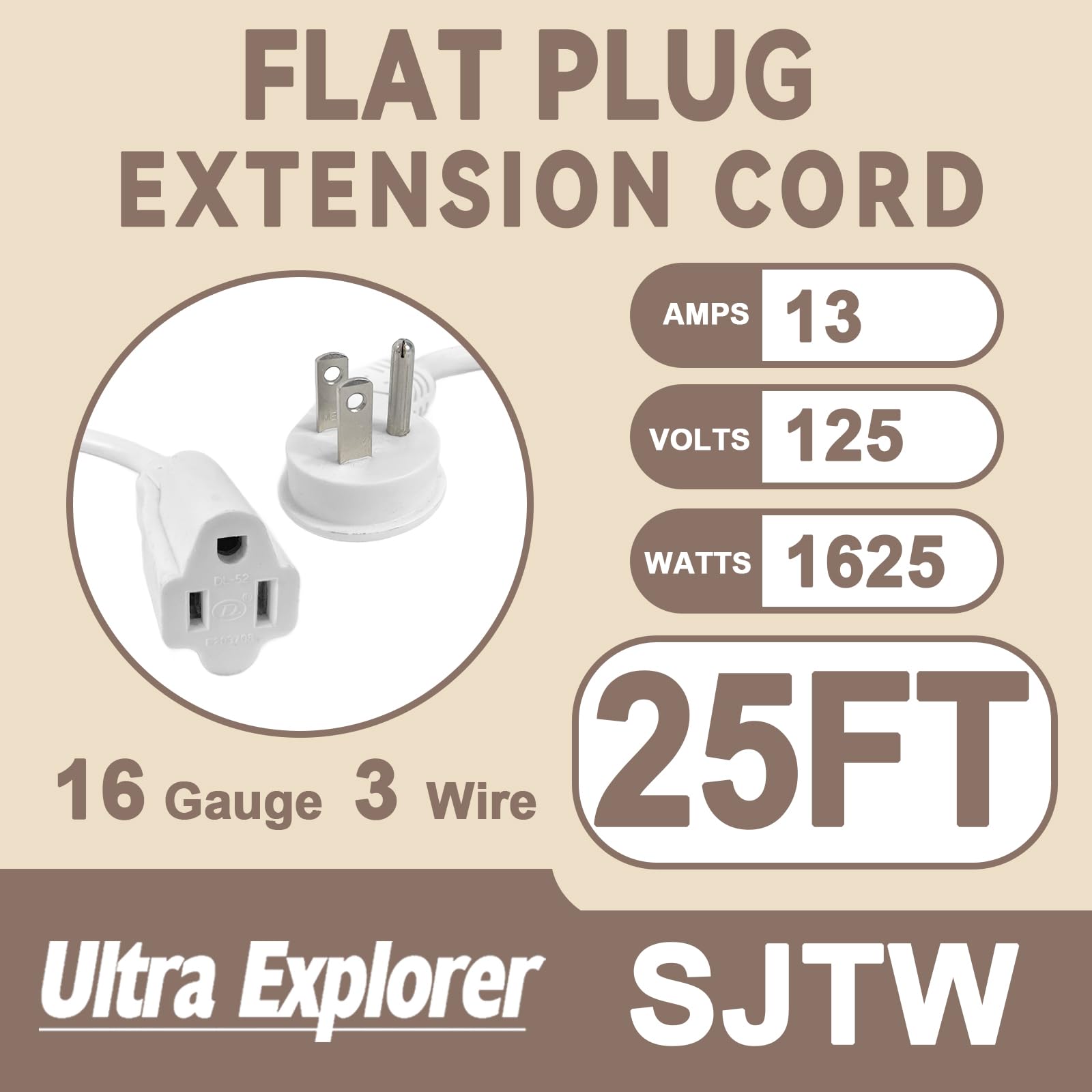 Ultra Explore 25 Ft Flat Plug Extension Cord, 16 Awg 3 Prong Grounded Extension Cord White Flat Plug, Low Profile Extension Wire