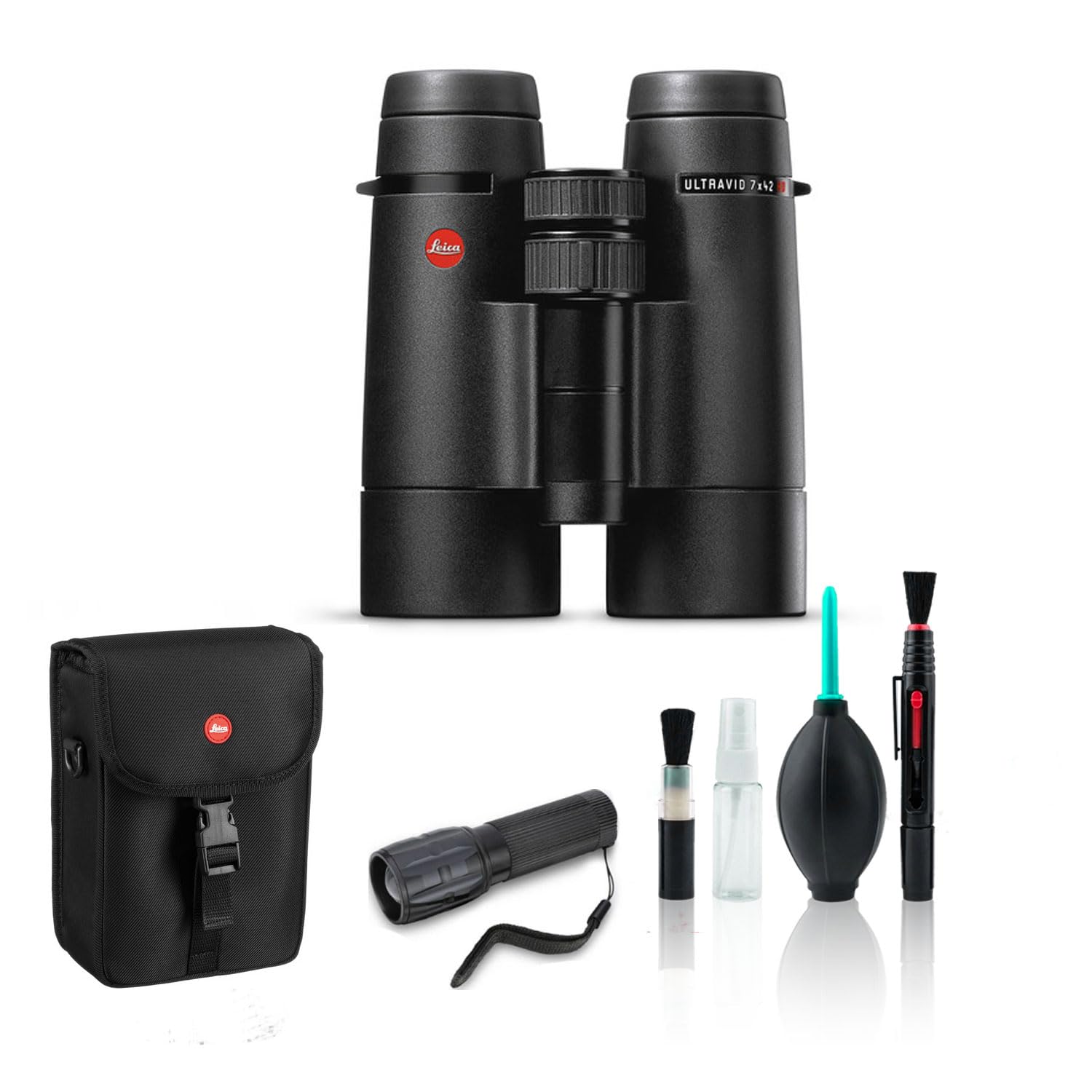 Leica 7x42 Ultravid HD-Plus Binoculars Waterproof Binoculars 40092 - Bundle with Cleaning Kit and Flashlight