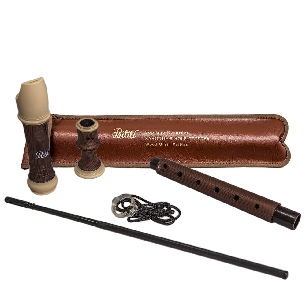 Paititi Soprano Recorder 8 Hole With Cleaning Rod + Carrying Bag, Premium Wooden Pattern, Key Of C