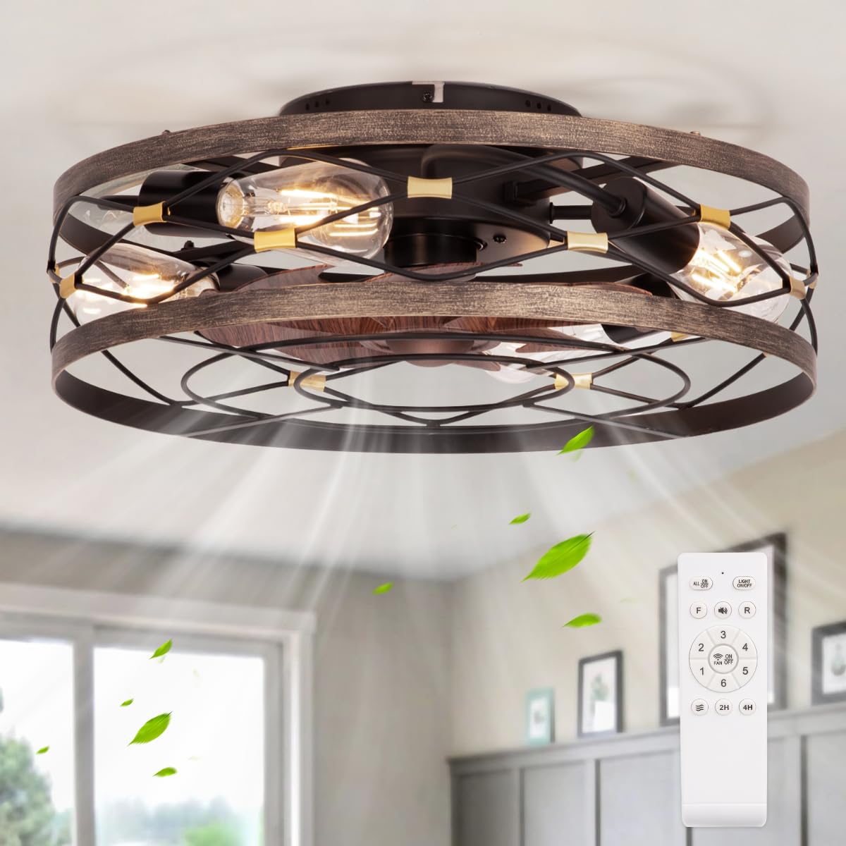 SHLUCE Caged Flush Mount Ceiling Fan with Lights, Farmhouse Rustic Bladeless Ceiling Fans with Lights and Remote, Low Profile Sm