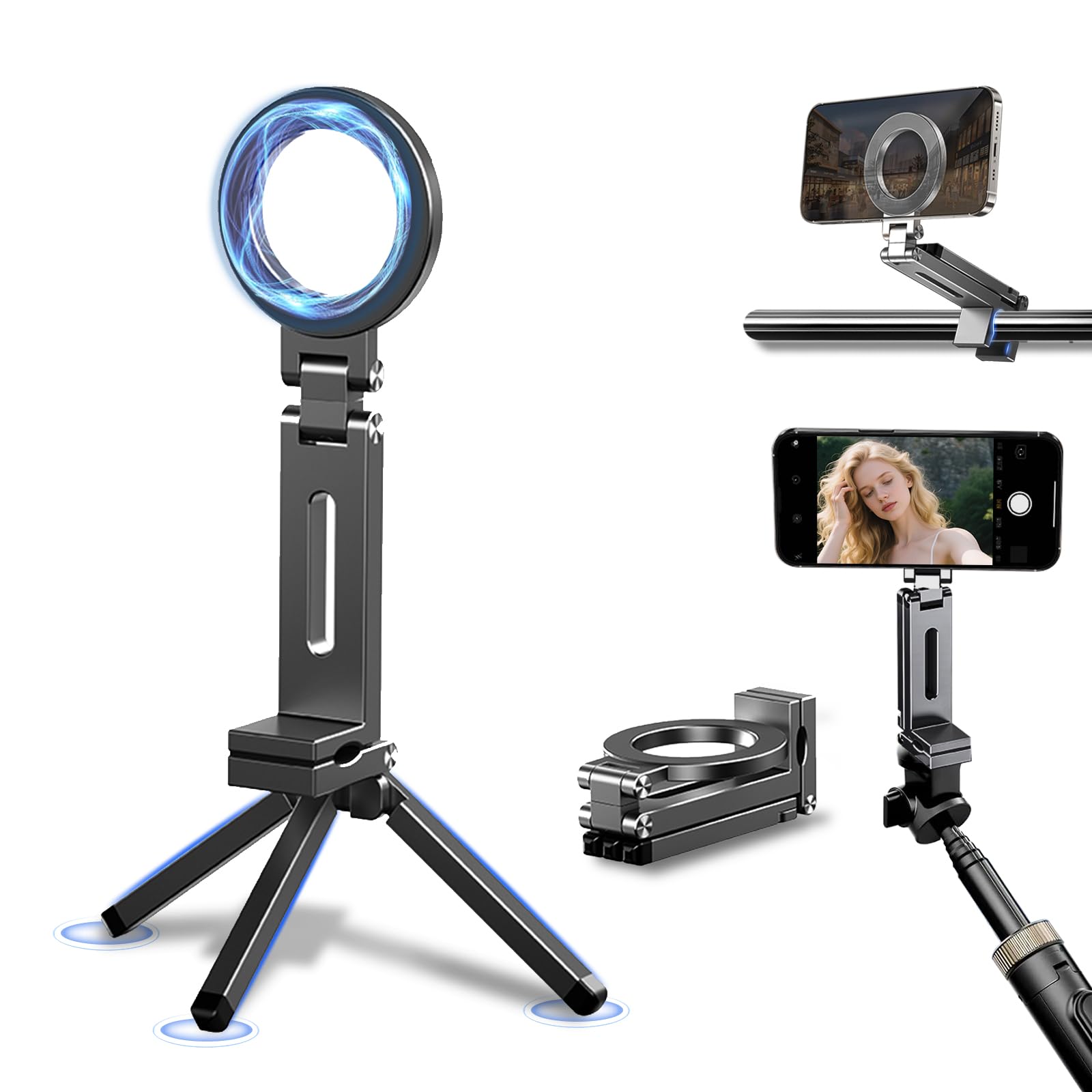 Jkoailiwi Adjustable Magnetic Phone Tripod Stand With 1/4'' Port, Ultra-Light Aluminium Alloy Tripod Phone Holder Mount For Mags