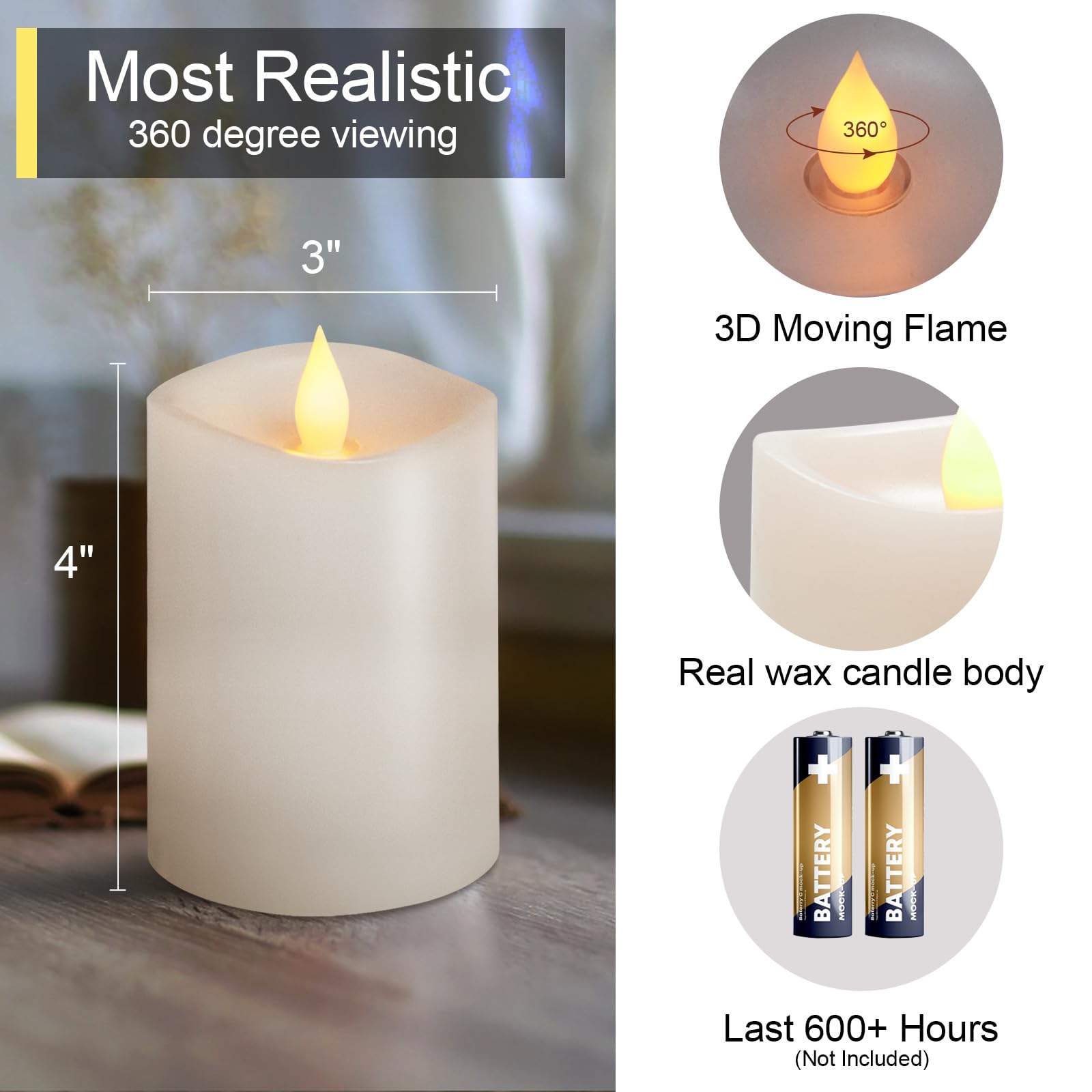 Genwelled Life Plus 3X4 Flameless Candles With Remote Set Of 3, 4 Inch Battery Candles Flickering With Timer, Led Pillar Candle