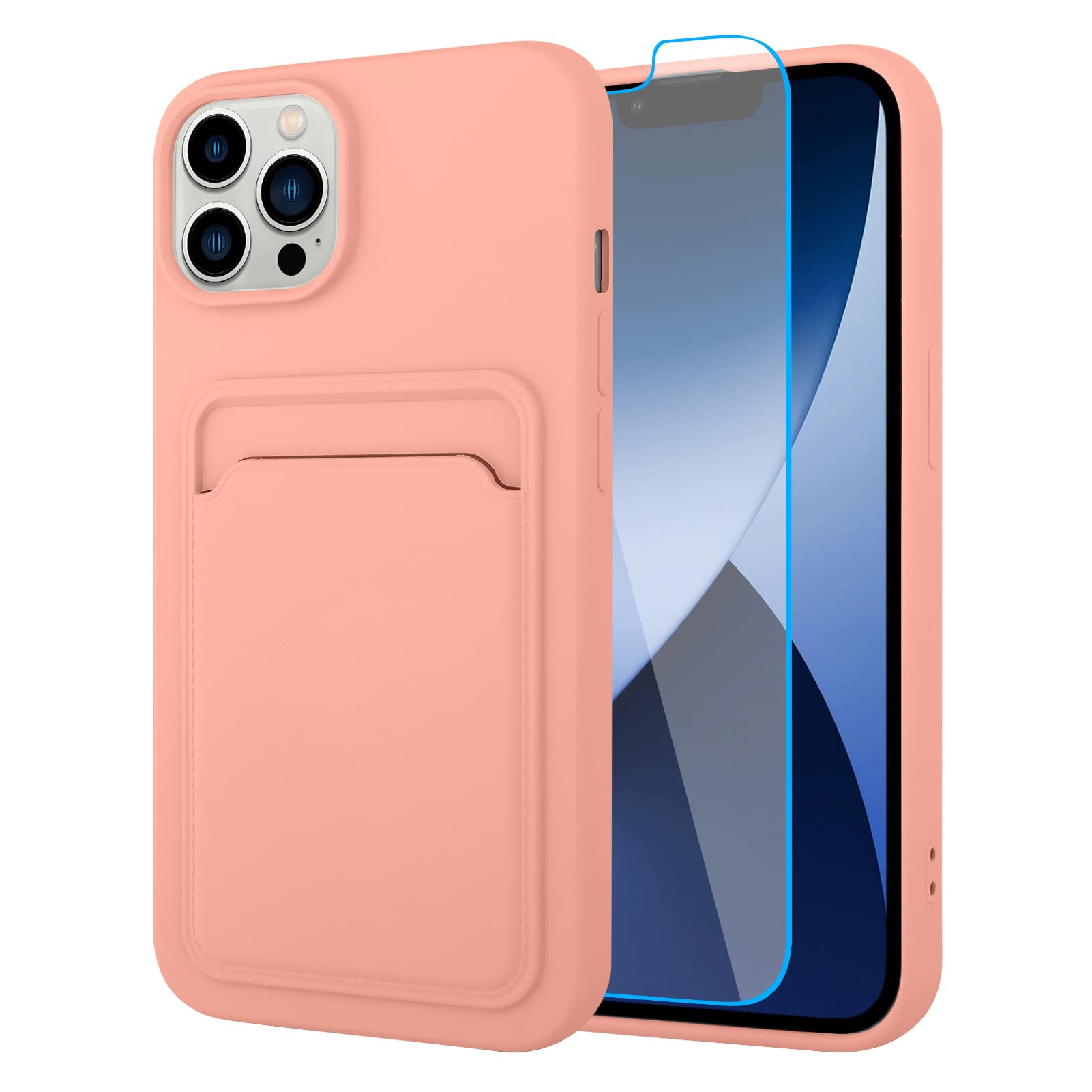 Mzelq Cell Phone Case For Iphone 14 Pro Max, Silicone Wallet Card Holder, Camera Protection, Screen Protector, Pink