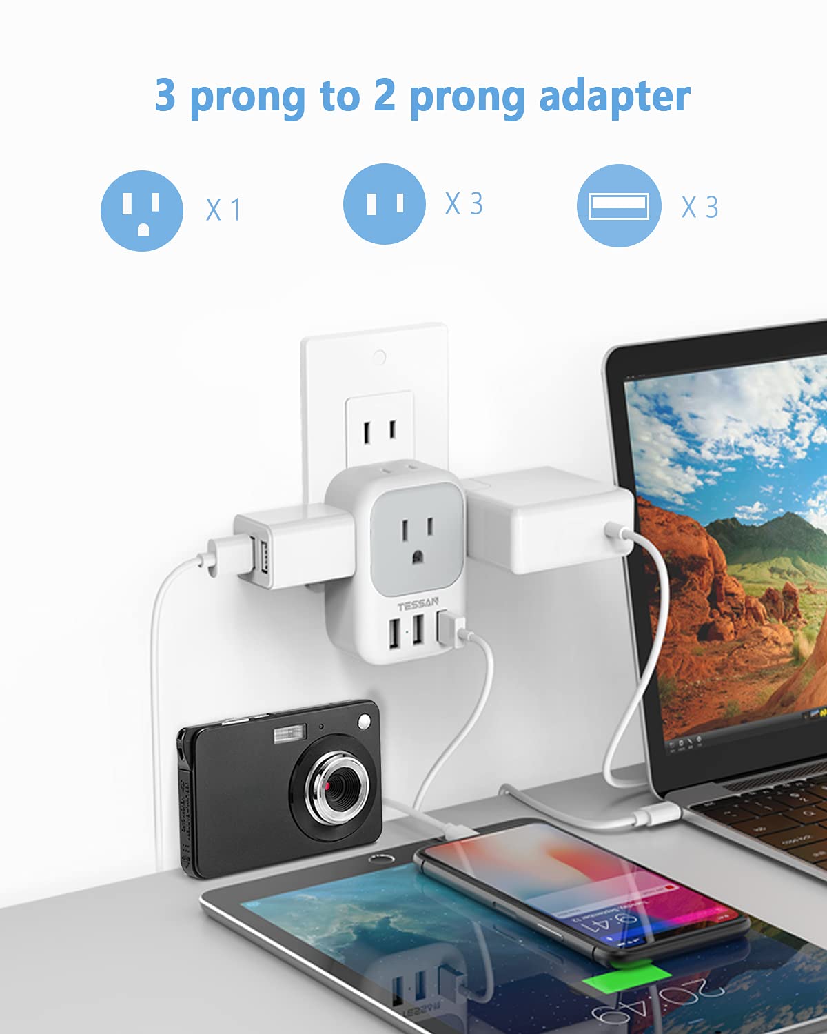 Tessan Us To Japan Plug Adapter, 2 Prong To 3 Prong Outlet Adapter With 4 Ac And 3 Usb Charger, Type A Travel Power Adaptor For