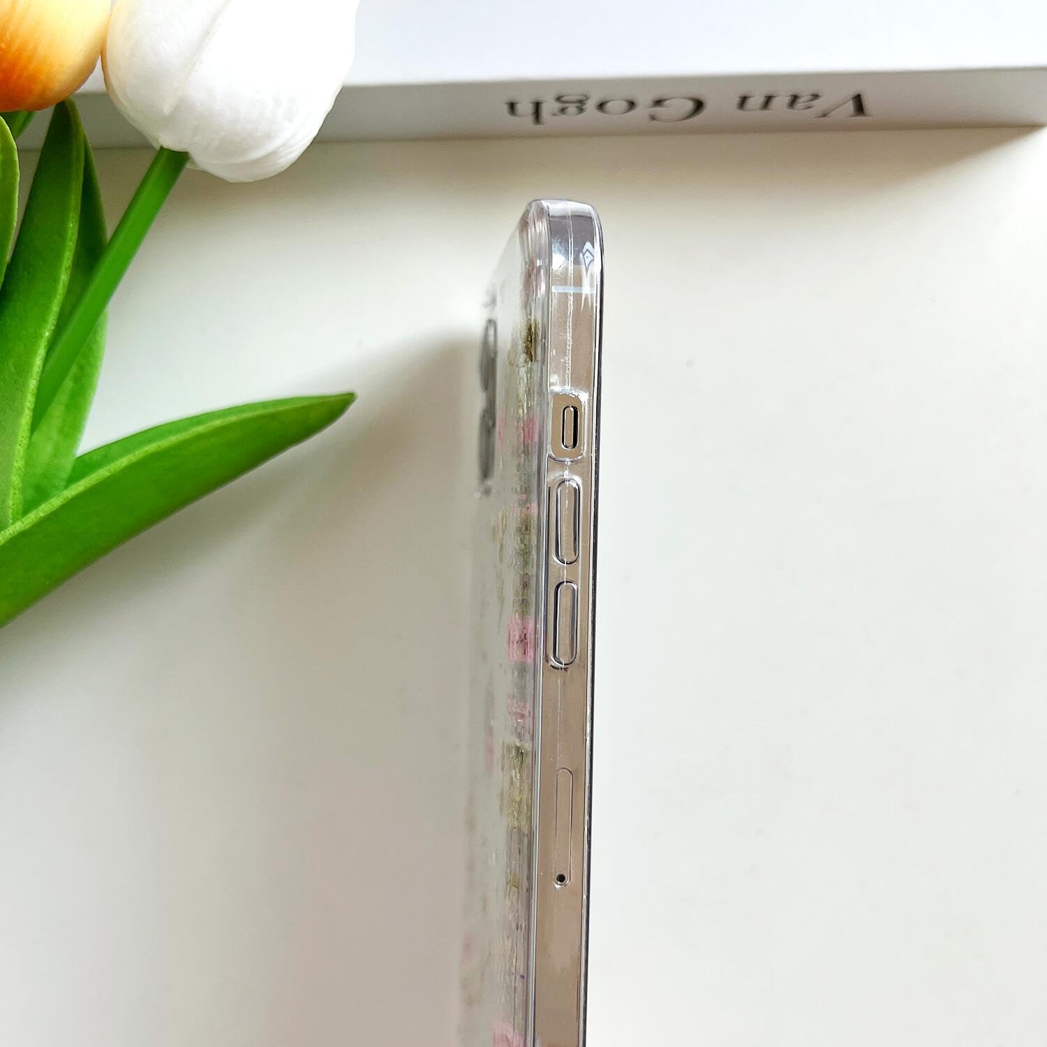 Lseeka For Iphone 12 Pro Max Clear Case With Pressed Real Flowers Design,Glitter Cute Pink Floral Pattern Slim Soft Tpu Protecti