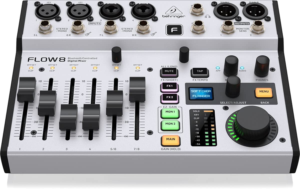 Behringer Flow 8 8-Input Digital Mixer With Bluetooth Audio And App Control, 60 Mm Channel Faders, 2 Fx Processors And Usb/Audio
