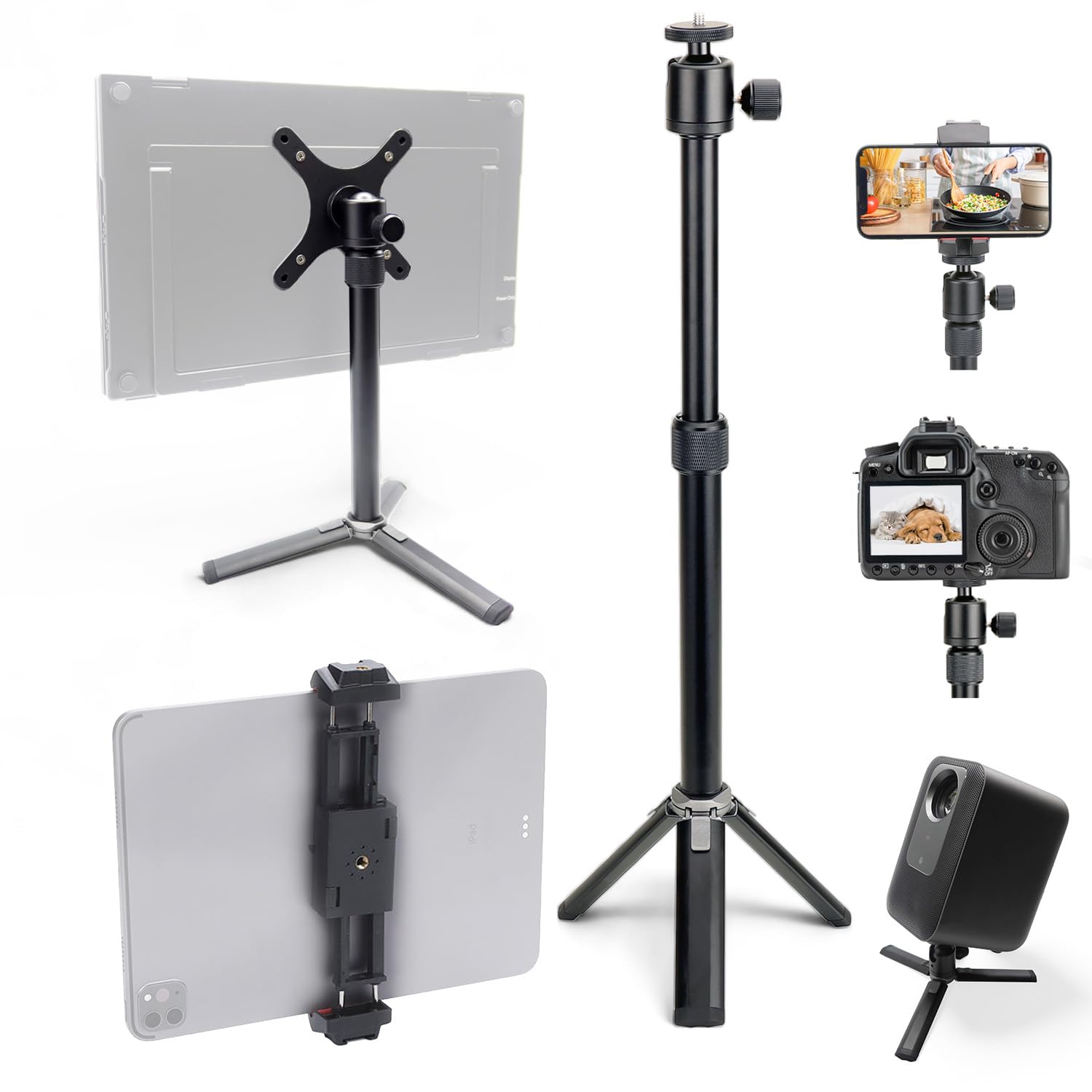 Kado Metal Portable Monitor Stand Tripod, 2-In-1 Phone/Tablet Clamp Portrait/Landscape, 100x100mm 75x75mm Wall/Arm Mount Adapate