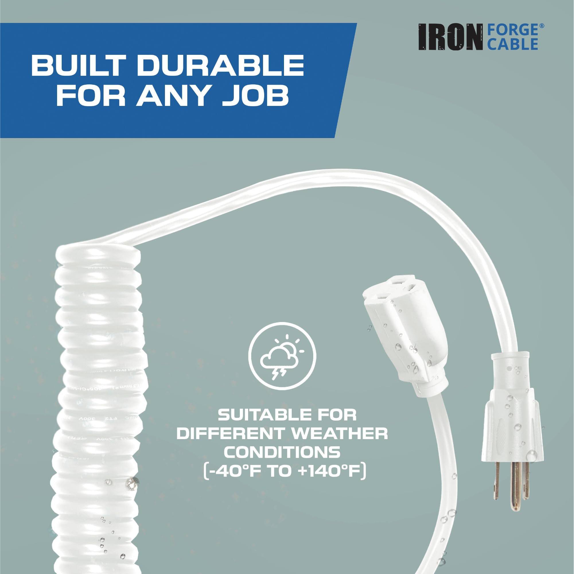 Iron Forge Cable 25Ft White Coiled Outdoor Extension Cord   16/3 Sjeow Oil Resistant & Flame Retardant 3 Prong 13 Amp Power Cord