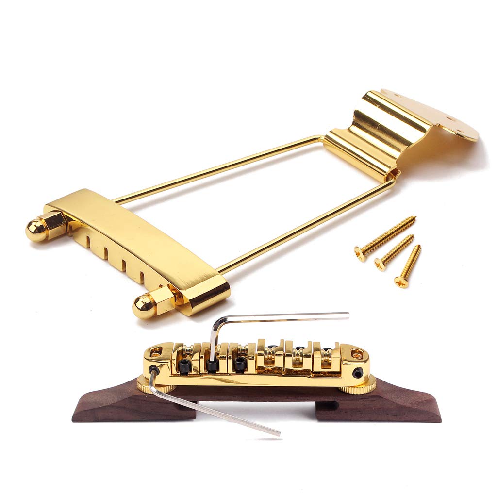 Ogdni 6 String Guitar Trapeze Tailpiece Bridge And Roller Tune O Matic Saddle Bridge For Jazz Archtop Guitar Replacement (Gold)