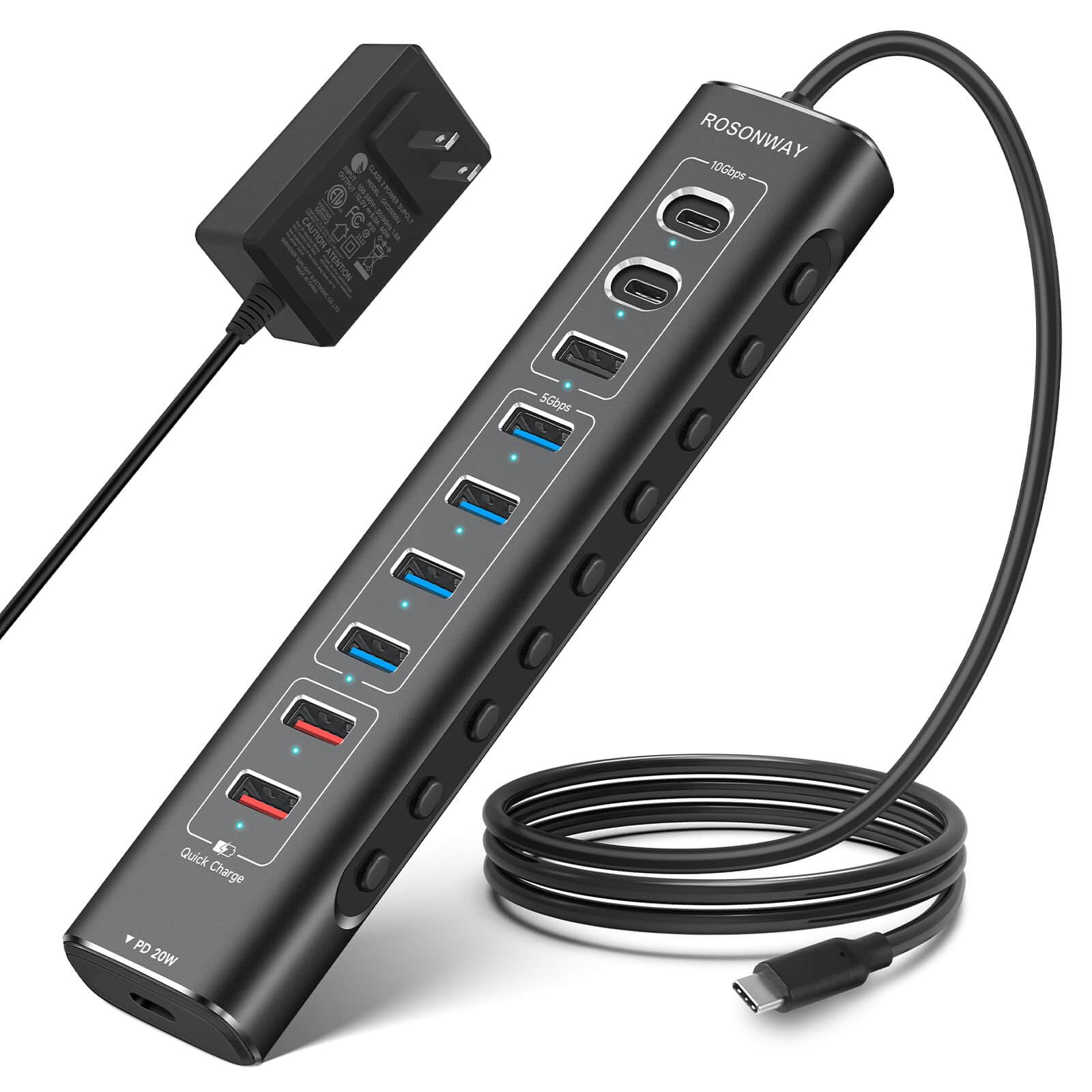 Rosonway 10 Port Powered Usb 3.2/Usb C Hub 60W With 10Gbps Usb A 3.2, 2 Usb C 3.2, 4 Usb 3.0 Data Ports, 1 Usb C Pd And 2 Usb A
