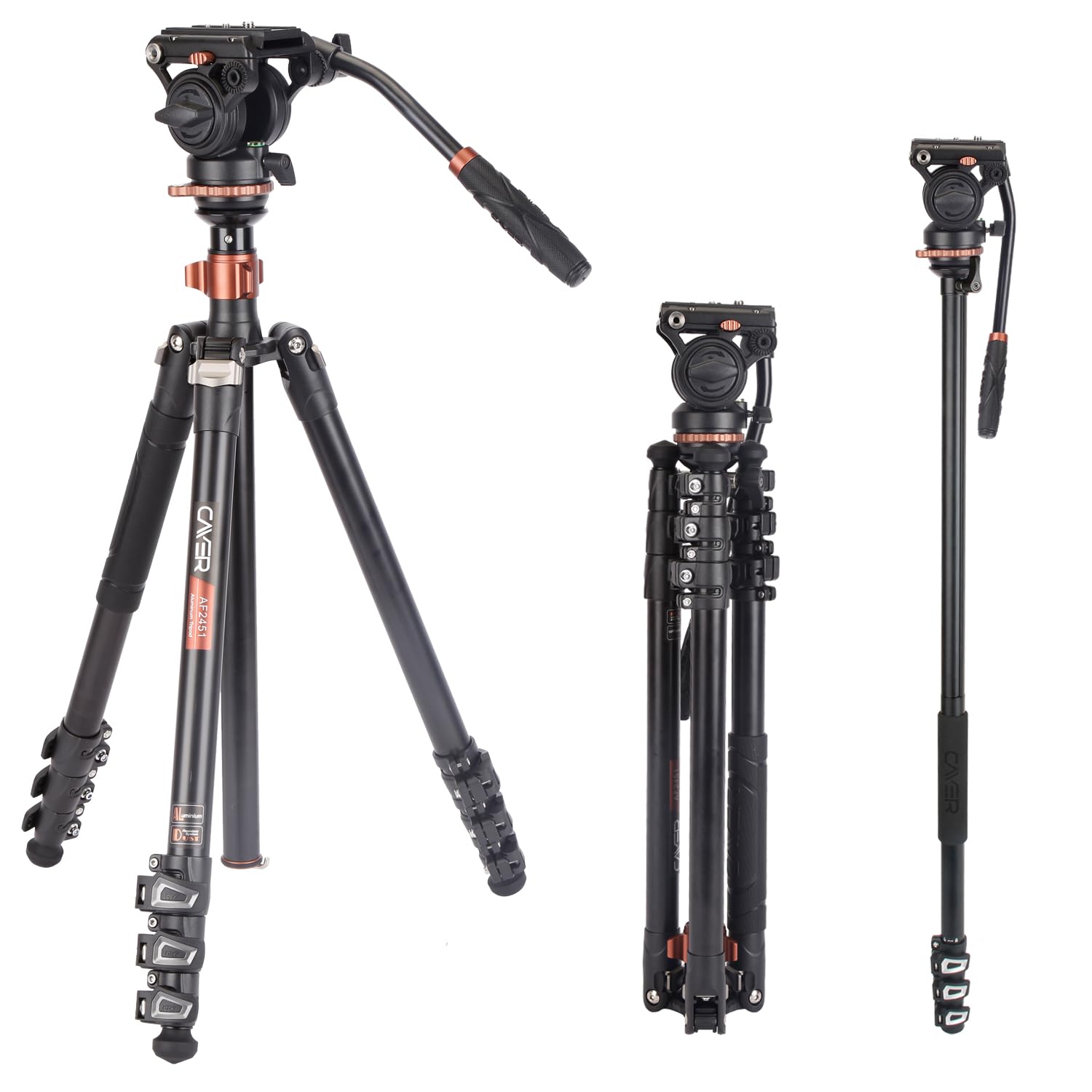 Cayer Af2451 Professional Video Camera Tripod, 67 Inches Aluminimum Tripod With Fluid Drag Head, Convertible To Monopod, Max Loa