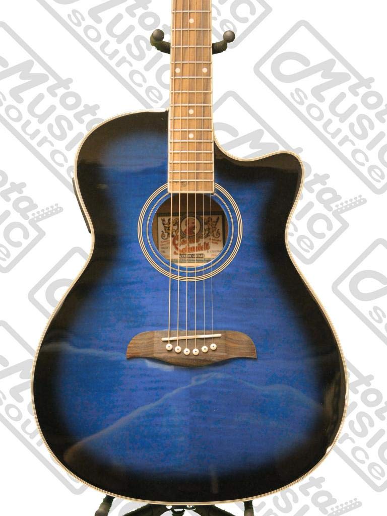 Oscar Schmidt Auditorium Florentine A/E Guitar with Onboard Tuner, Trans Blue, Model OACEFTBL