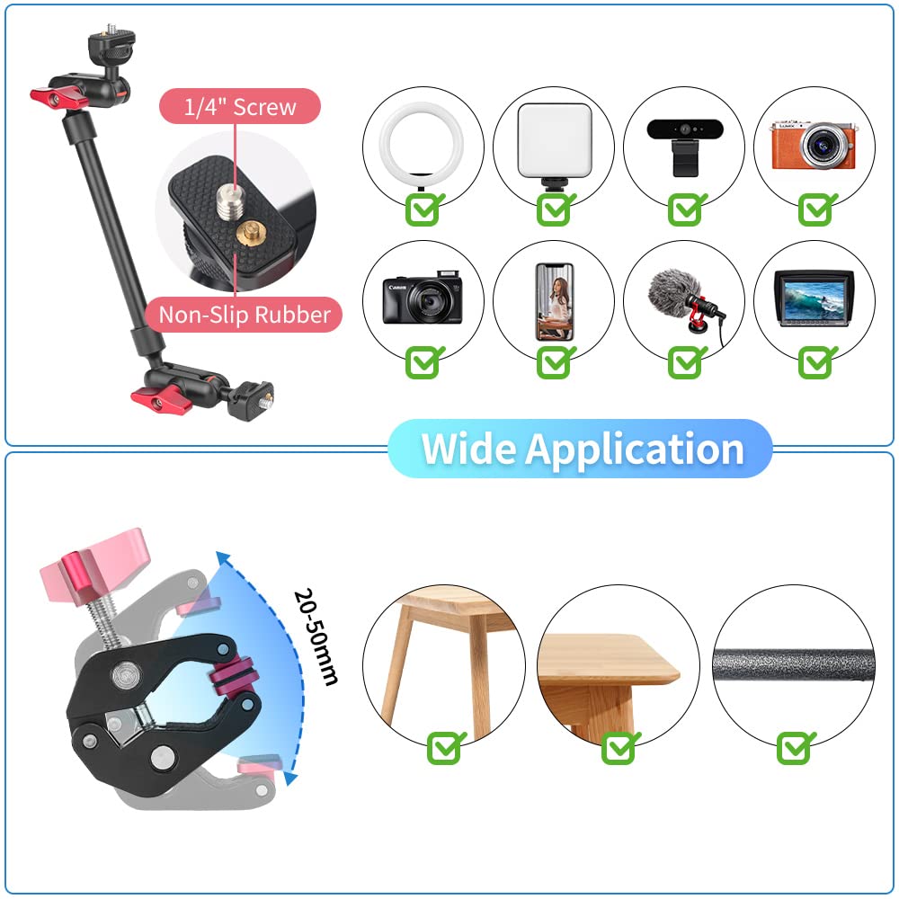 Jebutu 13'/34Cm Magic Arm W Clamp, Camera Mount & Clamp W 1/4' 3/8' Threads And Articulating Friction Magic Arm, Overhead Phone Mount, Camera Boom Arm Mount For Light Webcam Mic Action Camera Monitor