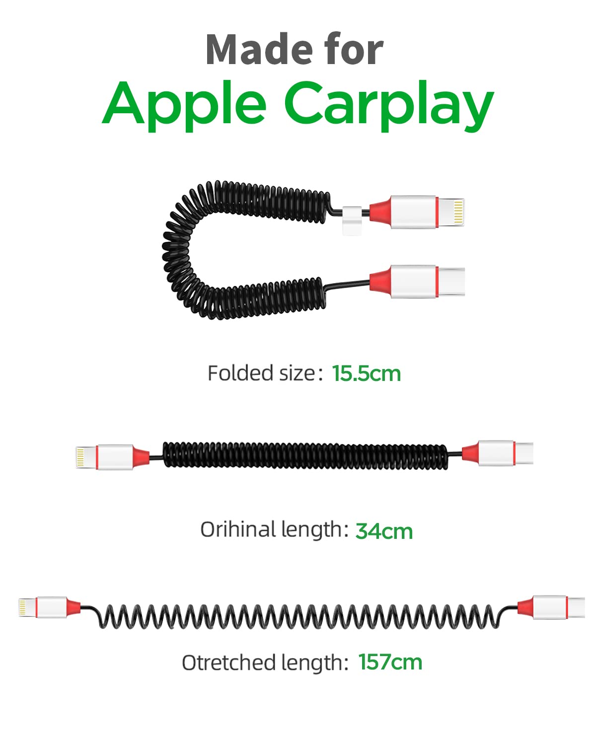 AICase Coiled USB C to Lightning Cable for Apple CarPlay,Expansion Spring Coiled Cable,PD Type C Scalable Charging Cable for iPhone 14/13/13 Pro 12 Pro Max 12 11 X XS XR 8 Plus,AirPods Pro