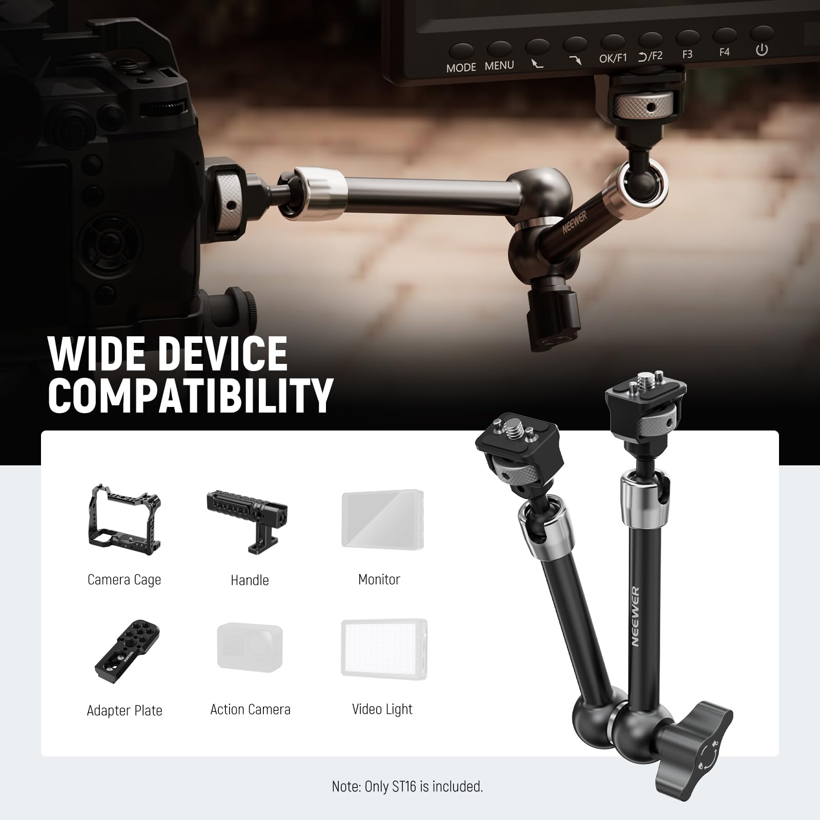 Neewer 11'' Articulating Magic Arm With 360 Ball Heads & Locating Pins For Arri, Camera Monitor Mount With 1/4'' Screws For Dslr