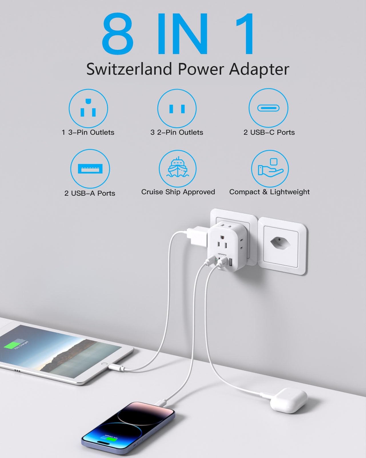 2 Pack Switzerland Travel Plug Adapter, Type J Power Adapter With 4 Outlets 4 Usb Ports (2 Usb C), Swiss Plug Adapter For Us To