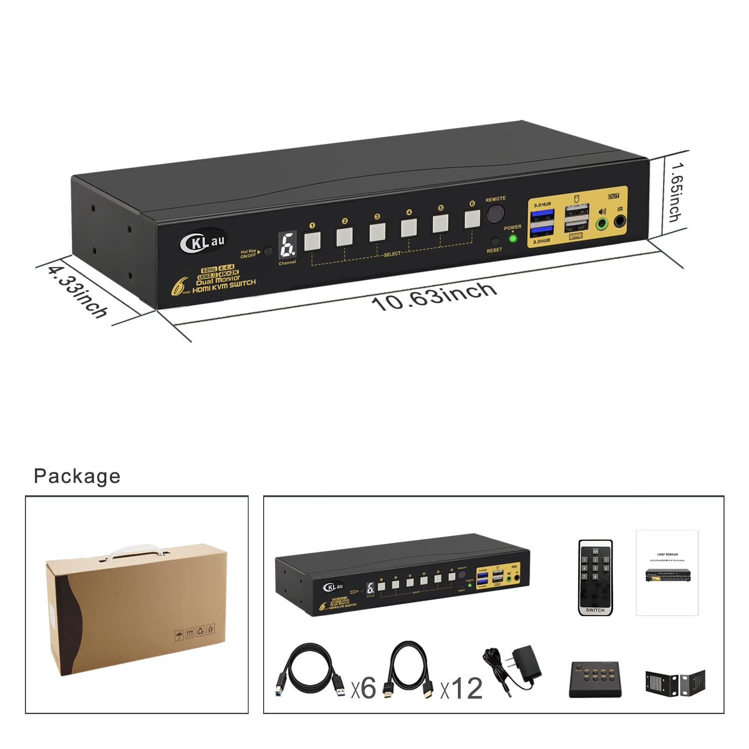 Cklau 6 Port Rack Mount Hdmi Kvm Switch Dual Monitor 4K60Hz With Audio, 2 Pcs Usb 3.0 Hub, And Cables For 6 Computers 2 Monitors