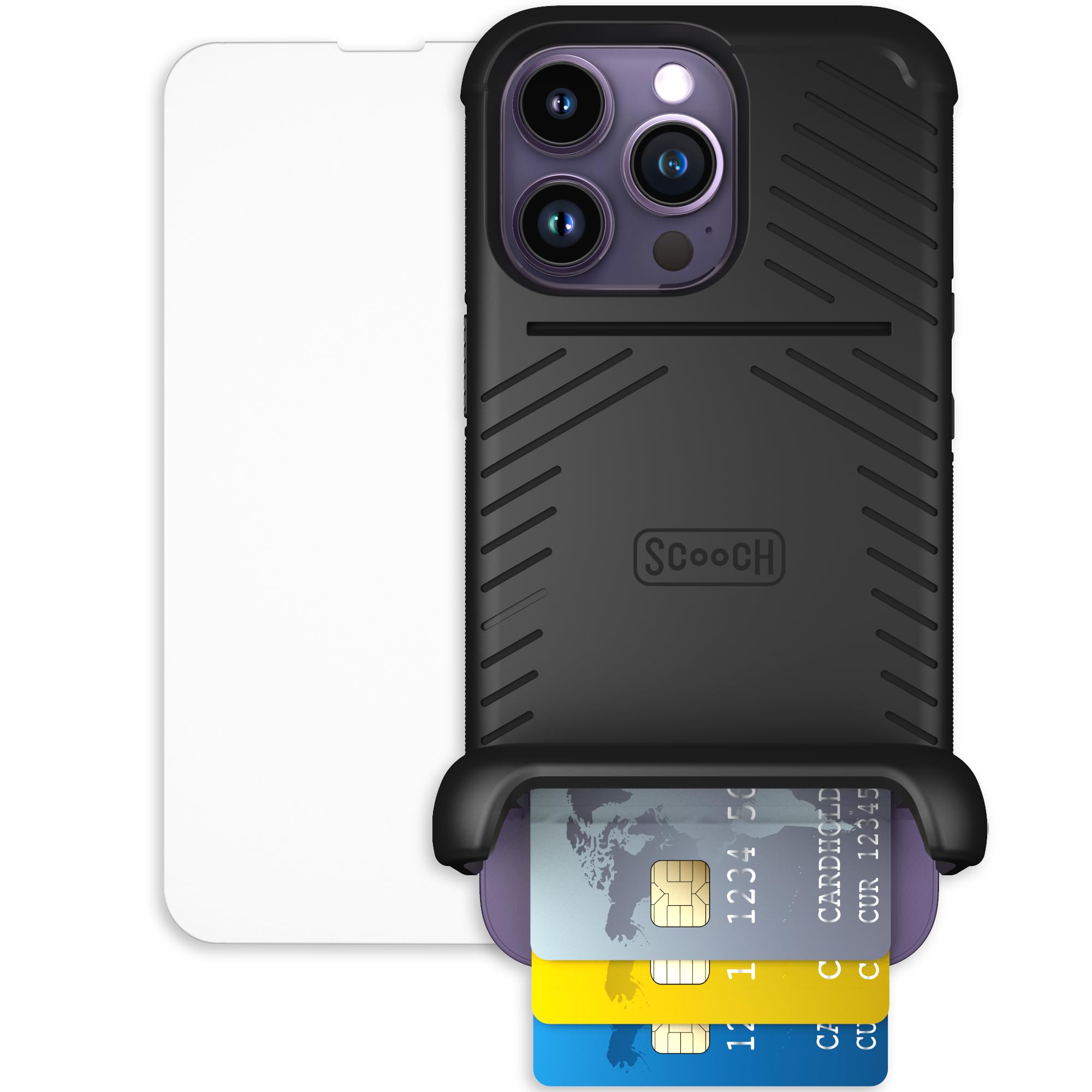 Scooch for iPhone 14 Pro Case with Card Holder, Wingmate Wallet Case Black, Bundled with Tempered Glass Screen Protector