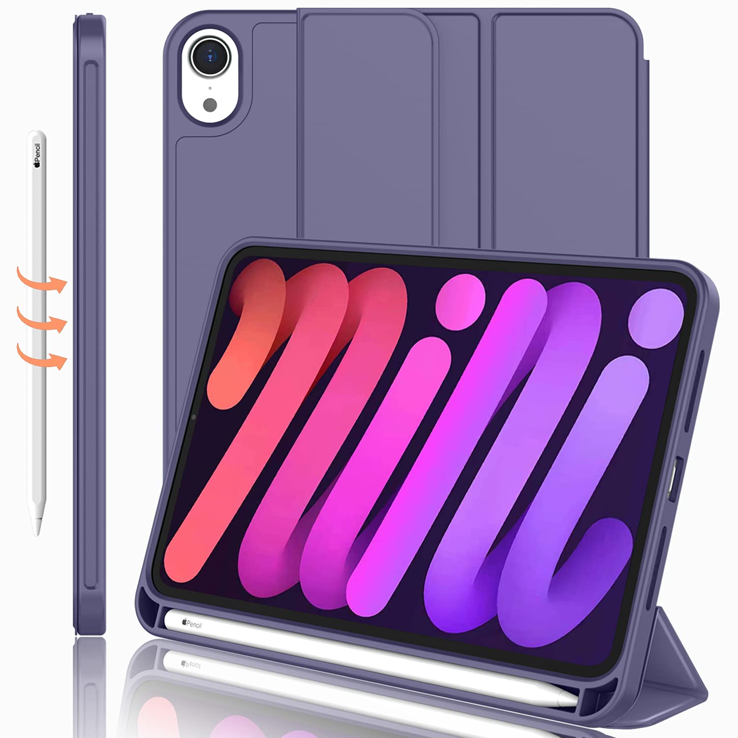 Imieet Ipad Mini 7 Case 2024 (A17 Pro), Ipad Mini 6 Case (8.3 Inch,2021 Model), Ipad Mini 7Th/6Th Generation Case With Pencil Holder, Trifold Stand Smart Case With Soft Tpu Back,Lavender