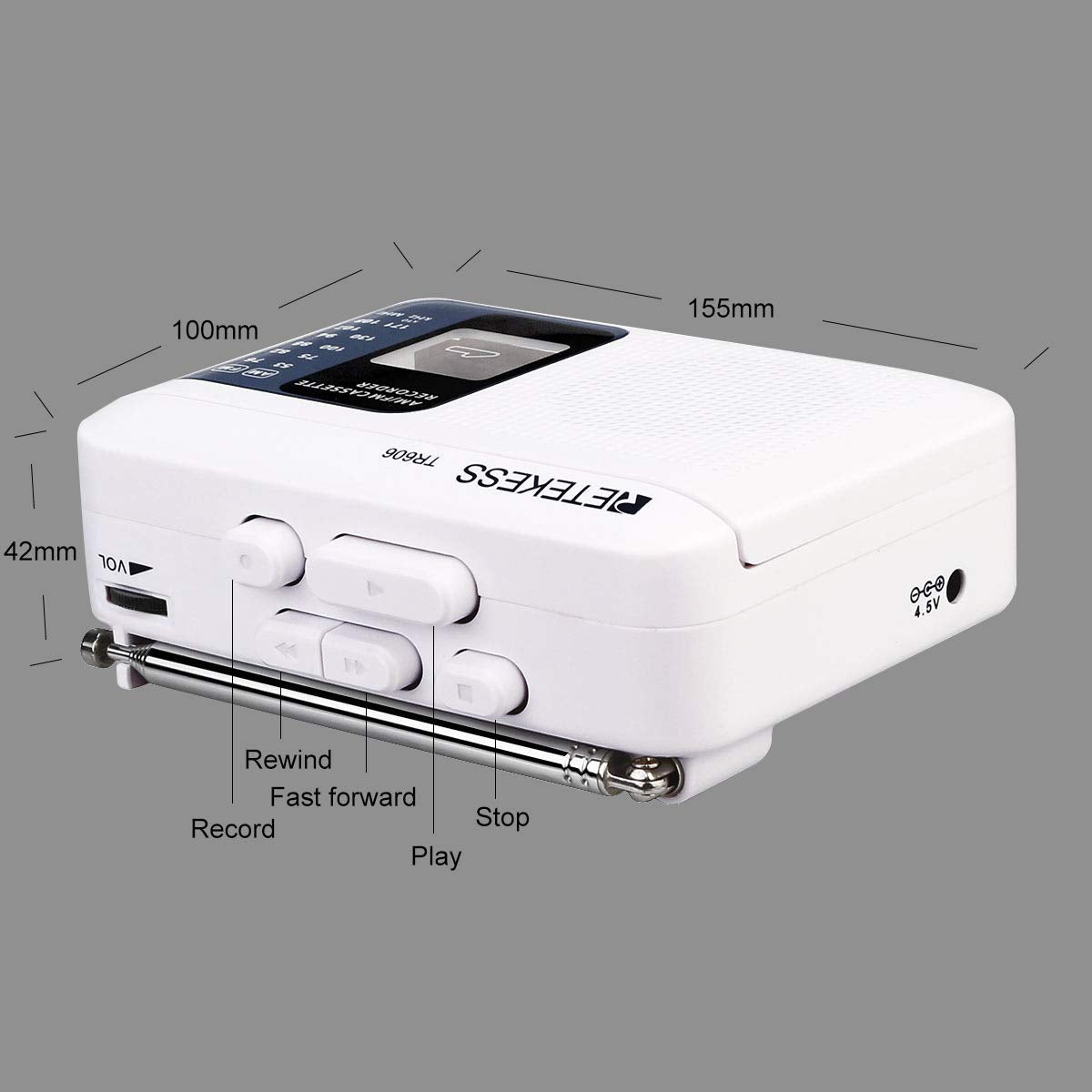 Retekess Tr606 Tape Recorder Cassette Player, Am Fm Cassette Players Walkman, Supports Voice/Aux Line In Record, Powered By Dc Or Aa Battery (White)
