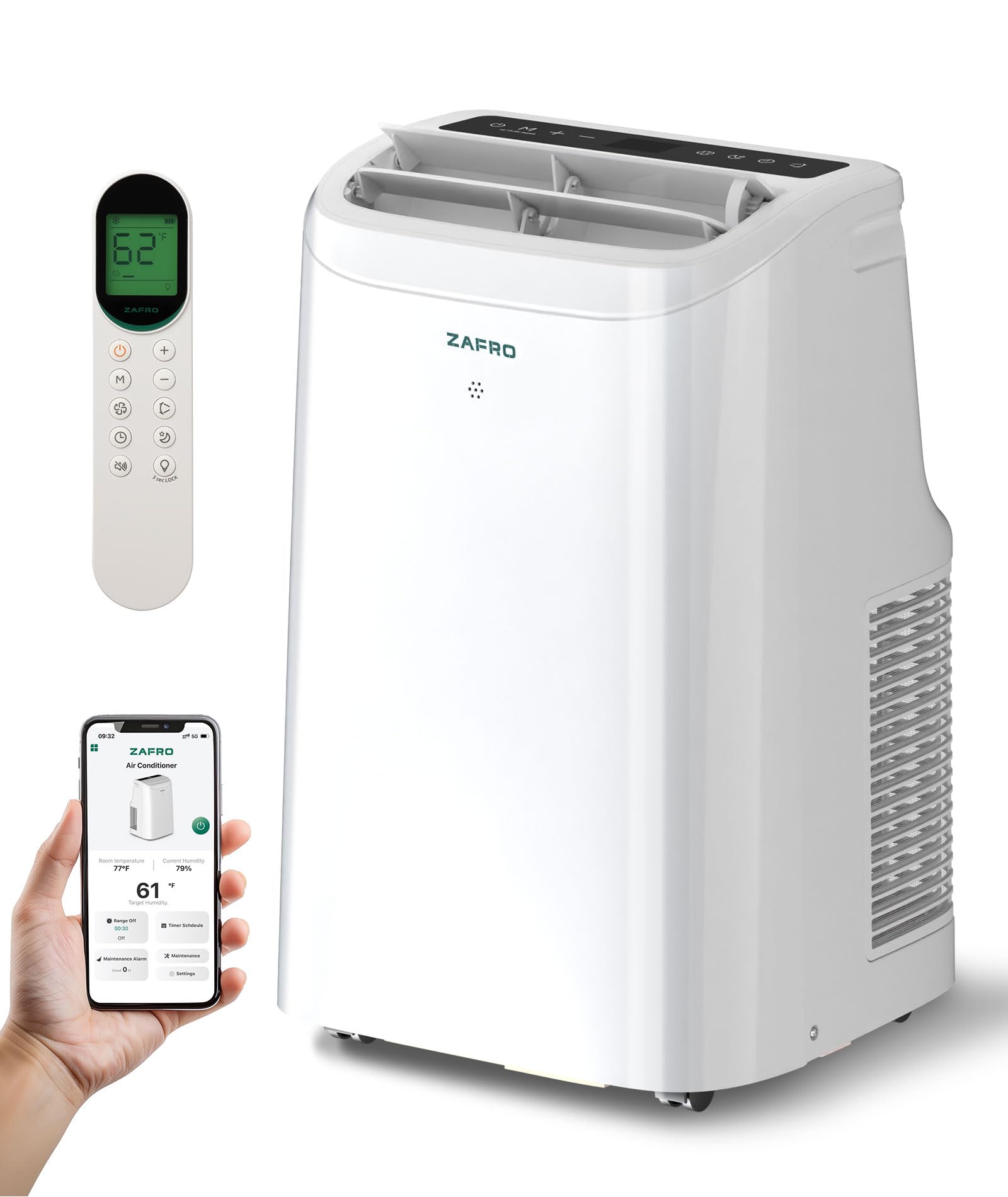 ZAFRO 12000 BTU Portable Air Conditioners (8000 BTU SACC), AC Unit for Bedroom with Drainage-free Cooling, Fan & Dehumidifier, 4