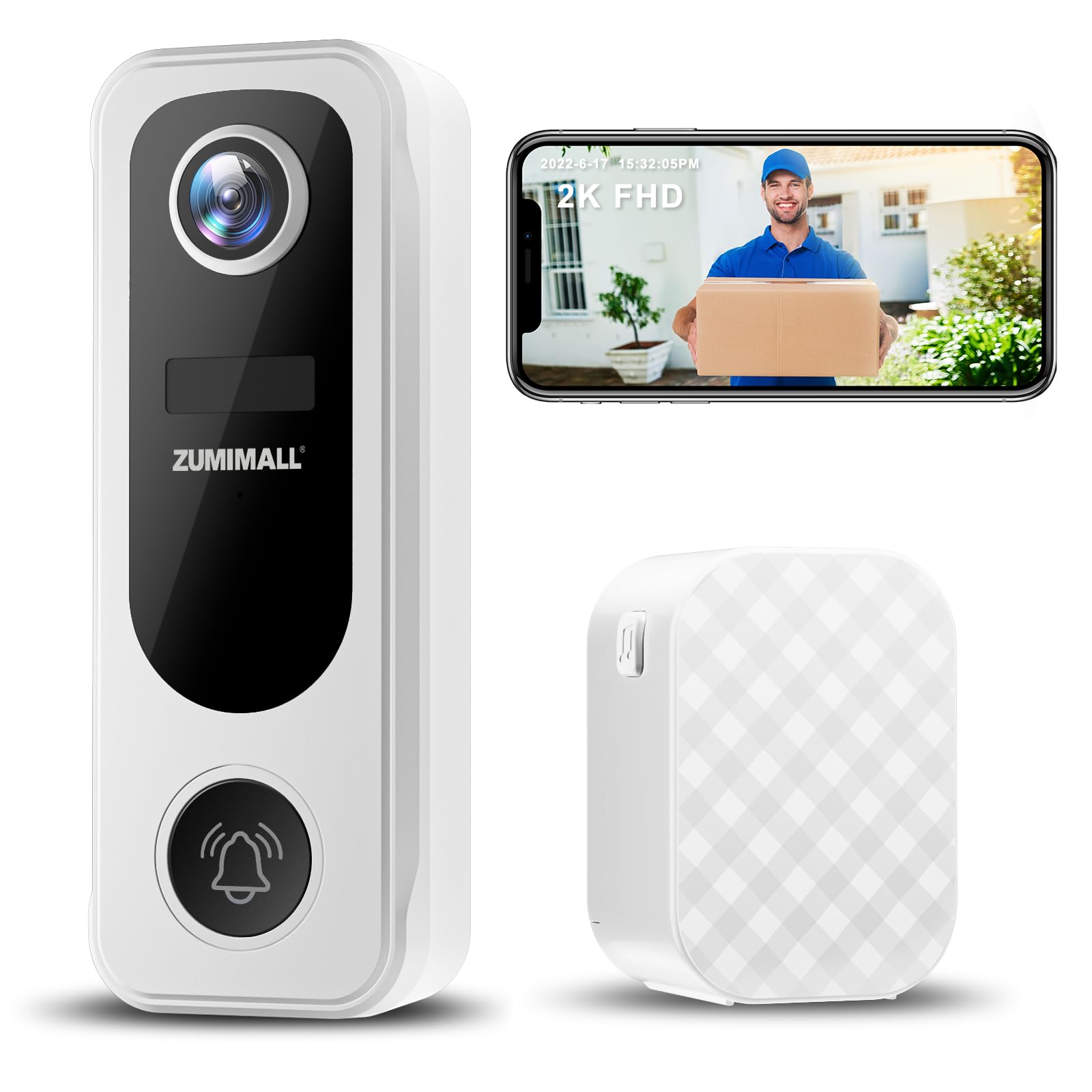 Zumimall Doorbell Camera Wireless, Video Doorbell Wireless With Chime, 2 Way Audio, Voice Changer, 30S Voice Message, Anti Theft, Ai Detection, 2.4Ghz Wifi, Battery Powered, Work With Alexa, White